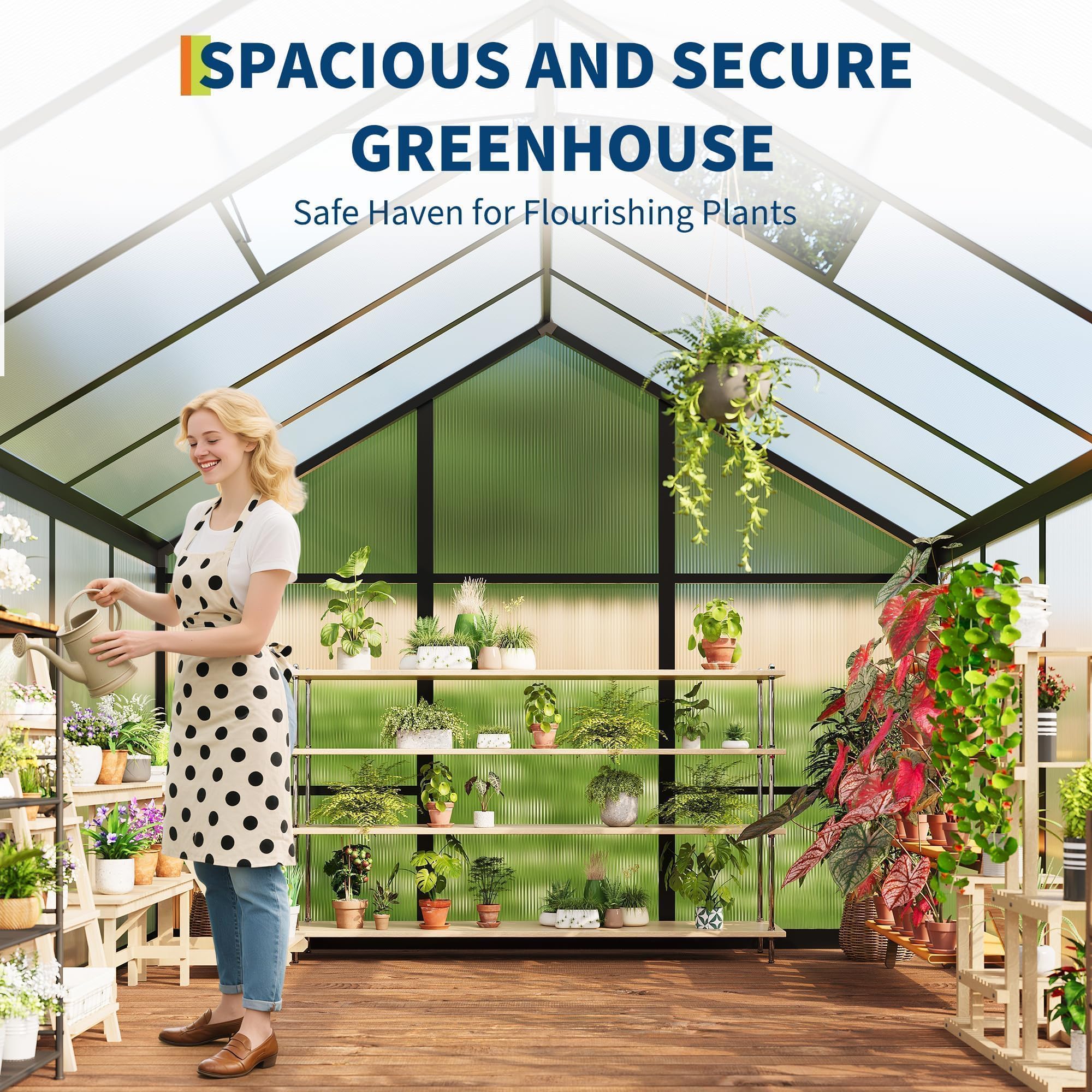 Condition photo showing New/Like New for greenhouse, 6x10 ft greenhouse for outdoors, walk-in green house with ground nails and vent windows, sliding lockable door, polycarbonate greenhouses for outside garden backyard, quick setup, black