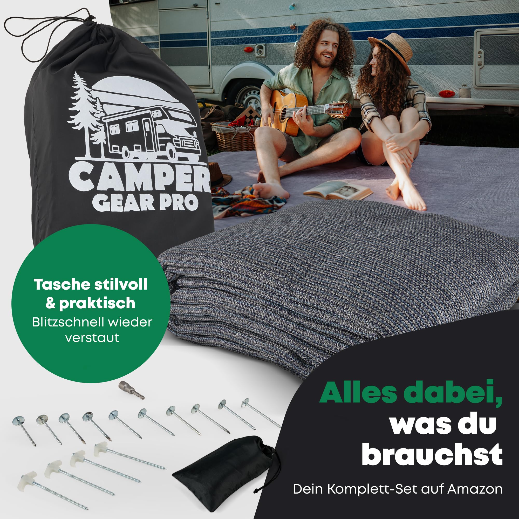 Vorzeltteppich mit Profi Heringen [Extrem Stabil] | Camping Teppich Outdoor – Zeltteppich, Markisenteppich für Wohnwagen, Wohnmobil & Zelt – Jetzt Größe wählen
