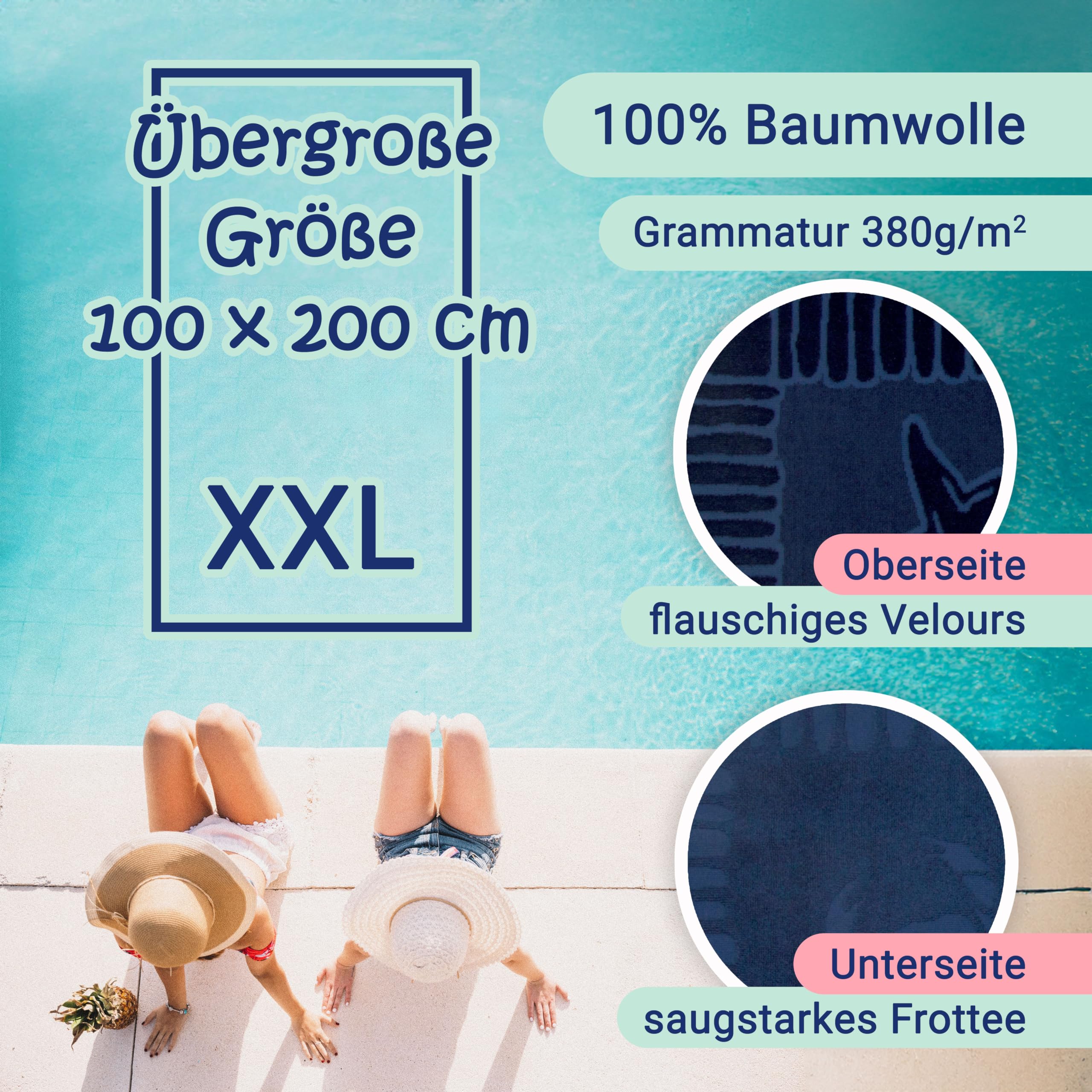 ZOLLNER Strandtuch - hautfreundliches und saugstarkes Handtuch in 100x200 cm - waschbar bis 60°C - Baumwolle in blau - eingewebte Meerestiermotive - Oeko Tex® Zertifiziert