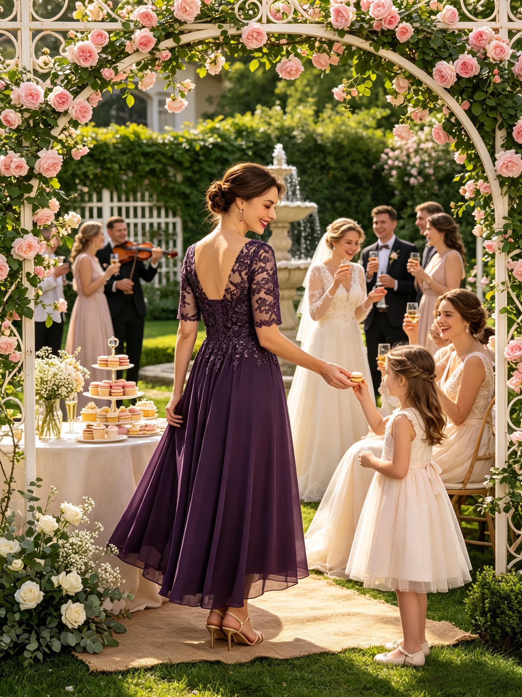 Spitzen-Applikationen, U-Boot-Ausschnitt, Brautmutter-Kleid, Chiffon, halbe Ärmel, Tee-Länge, Hochzeitsgästekleid für Damen