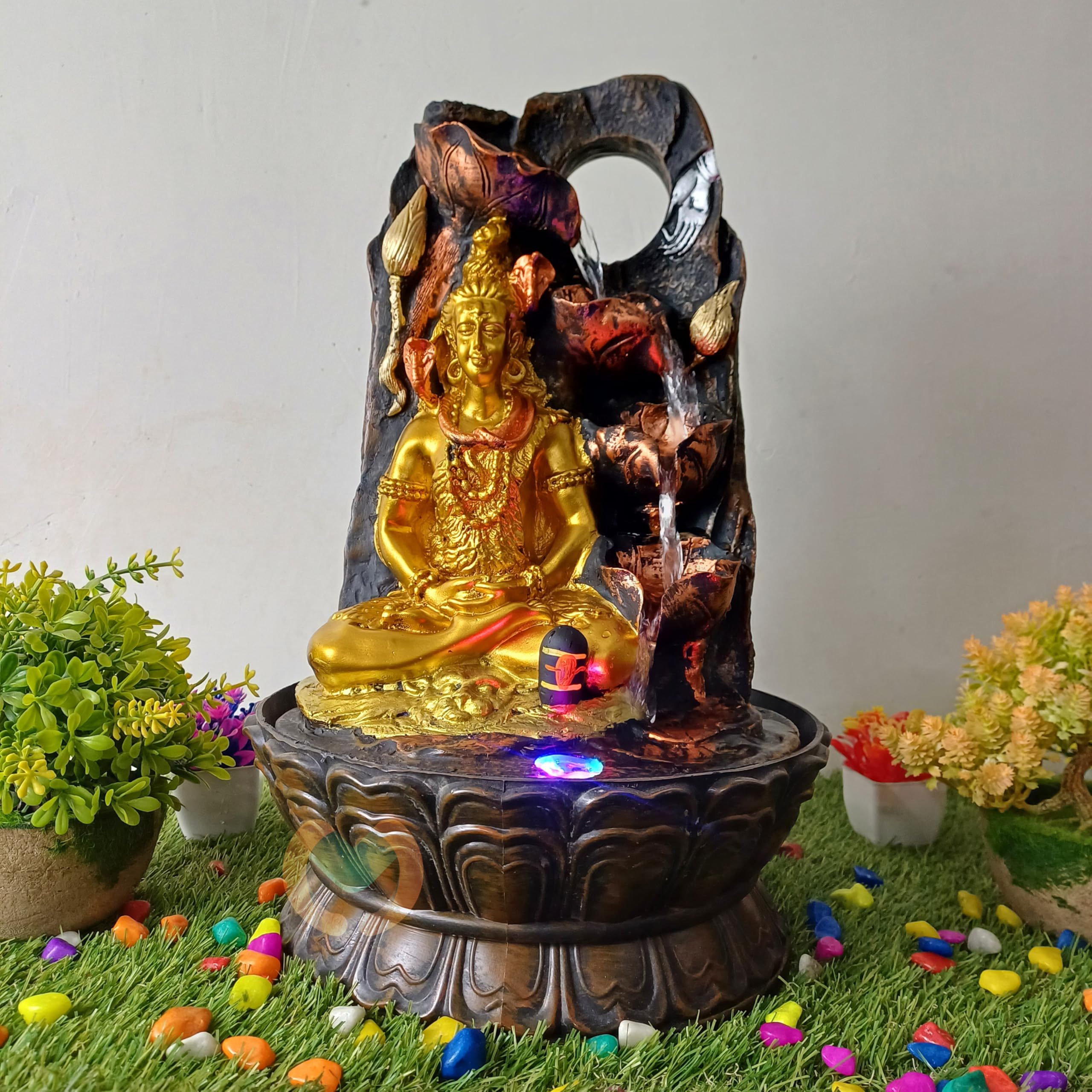 Merupam Water Fountain for Home Decor with LED Light Indoor Water Fountain for Home Decor Decoration Showpiece (M-VAR) (Golden Shiva with Shivlinga)-image-45