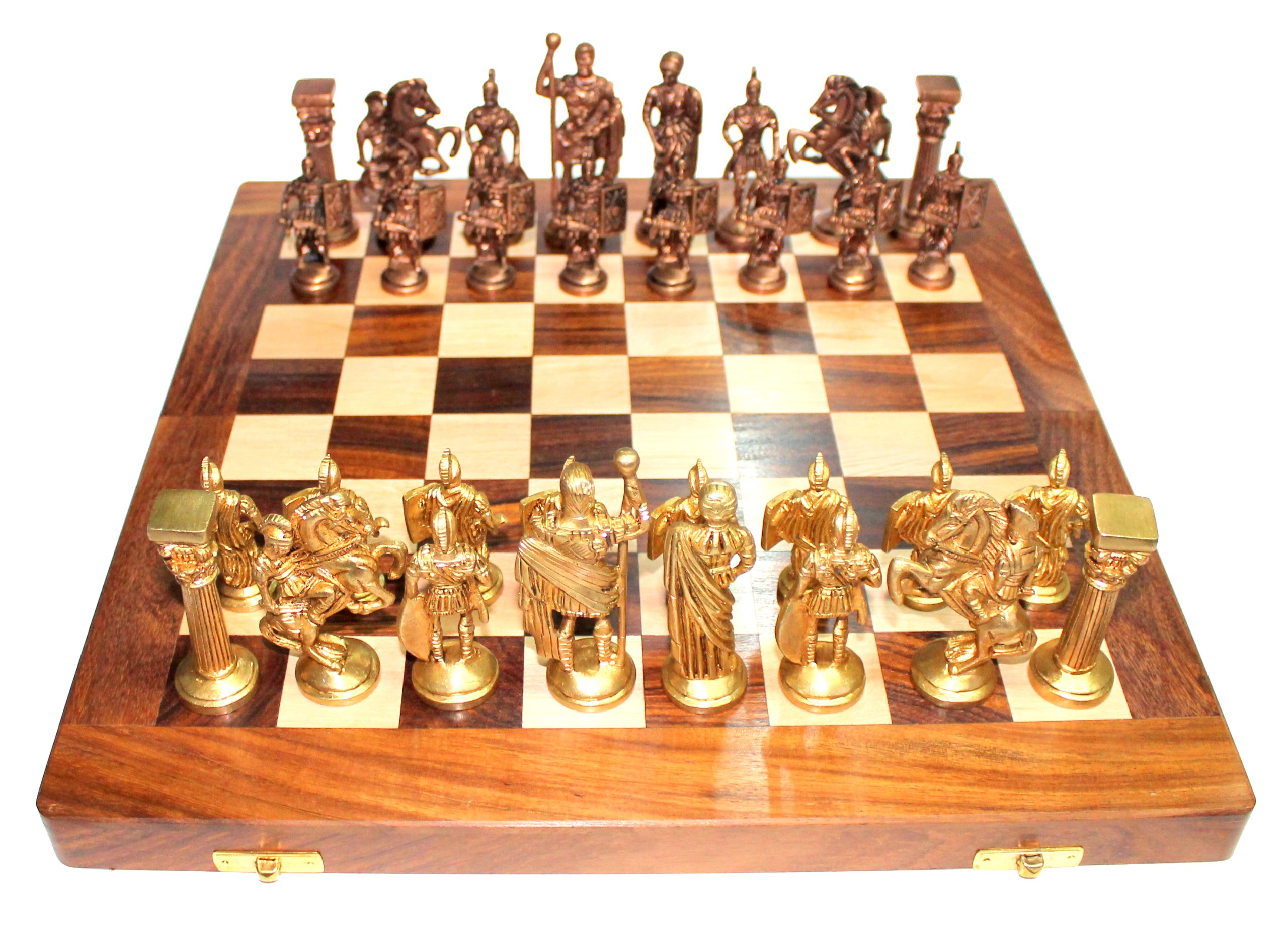 14" X 14" Collezione Scacchiera In Legno Pieghevole Commissione Di Ottone Numero Romano Pezzi