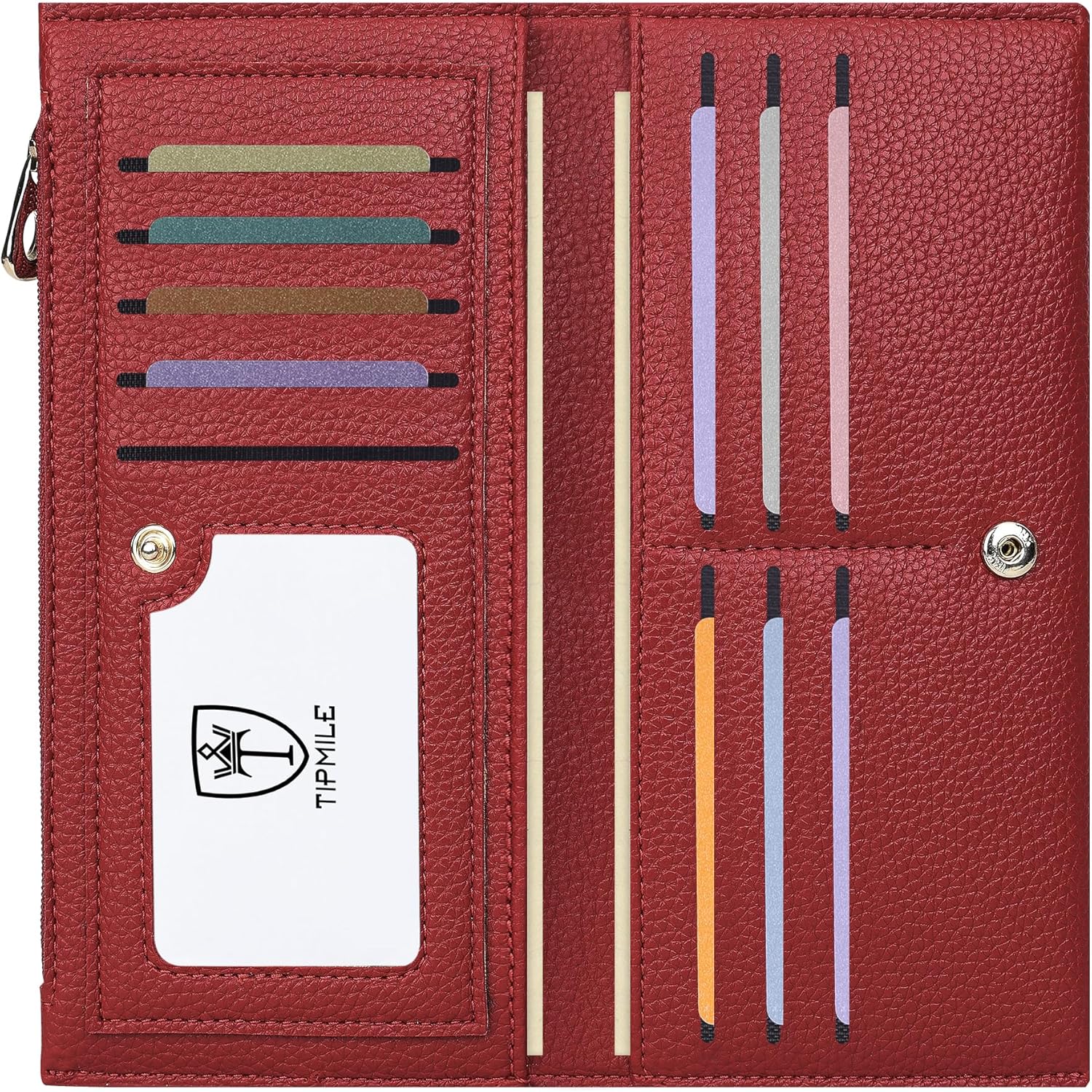Tipmile Slim Wallet for Women, RFID Blocking Credit Card Holder, Ladies Bifold Wallet with Zipper, Wine Red