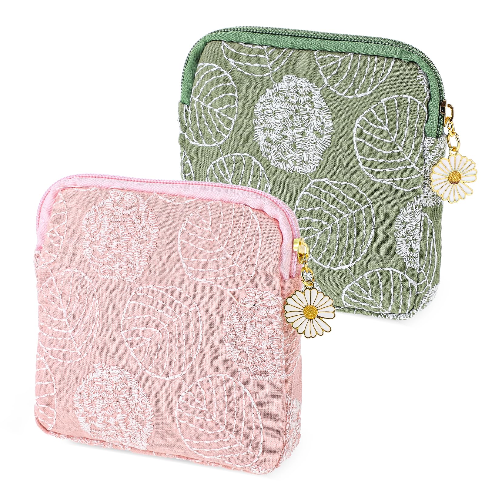 TIESOME Daisies Sanitary Napkin Storage Bag, 2 Pcs Embroidery Menstrual Cup Pouch Cotton Soft Period Holder Bag Portable Tampon Holder Pad Pouch Period Kit Bag for Women Teen Girls (Green+Light Pink)