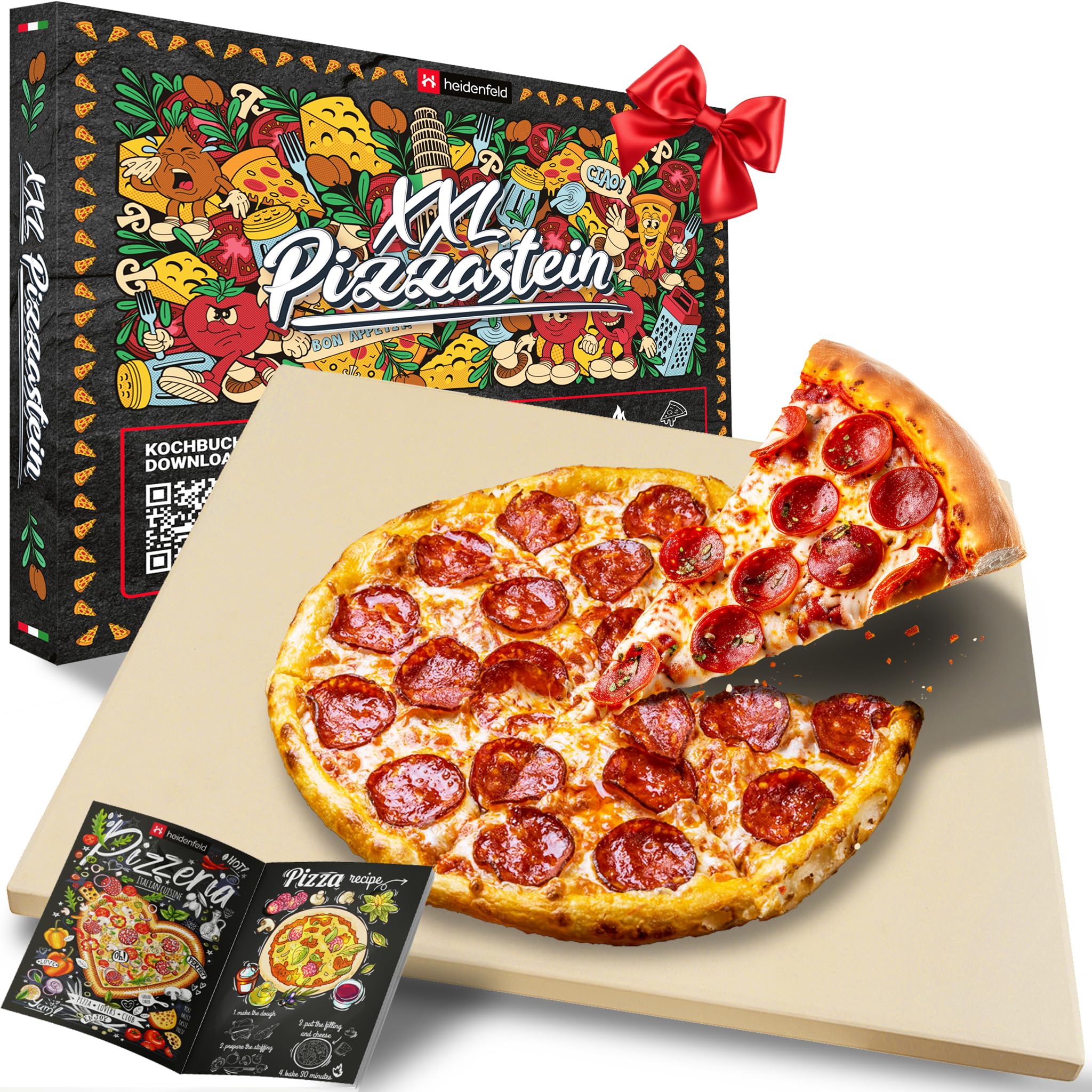 Heidenfeld Pizzastein XXL 46.5 x 35.5 x 1.5 cm – Cordierit, rechteckig, Ofen & Grill