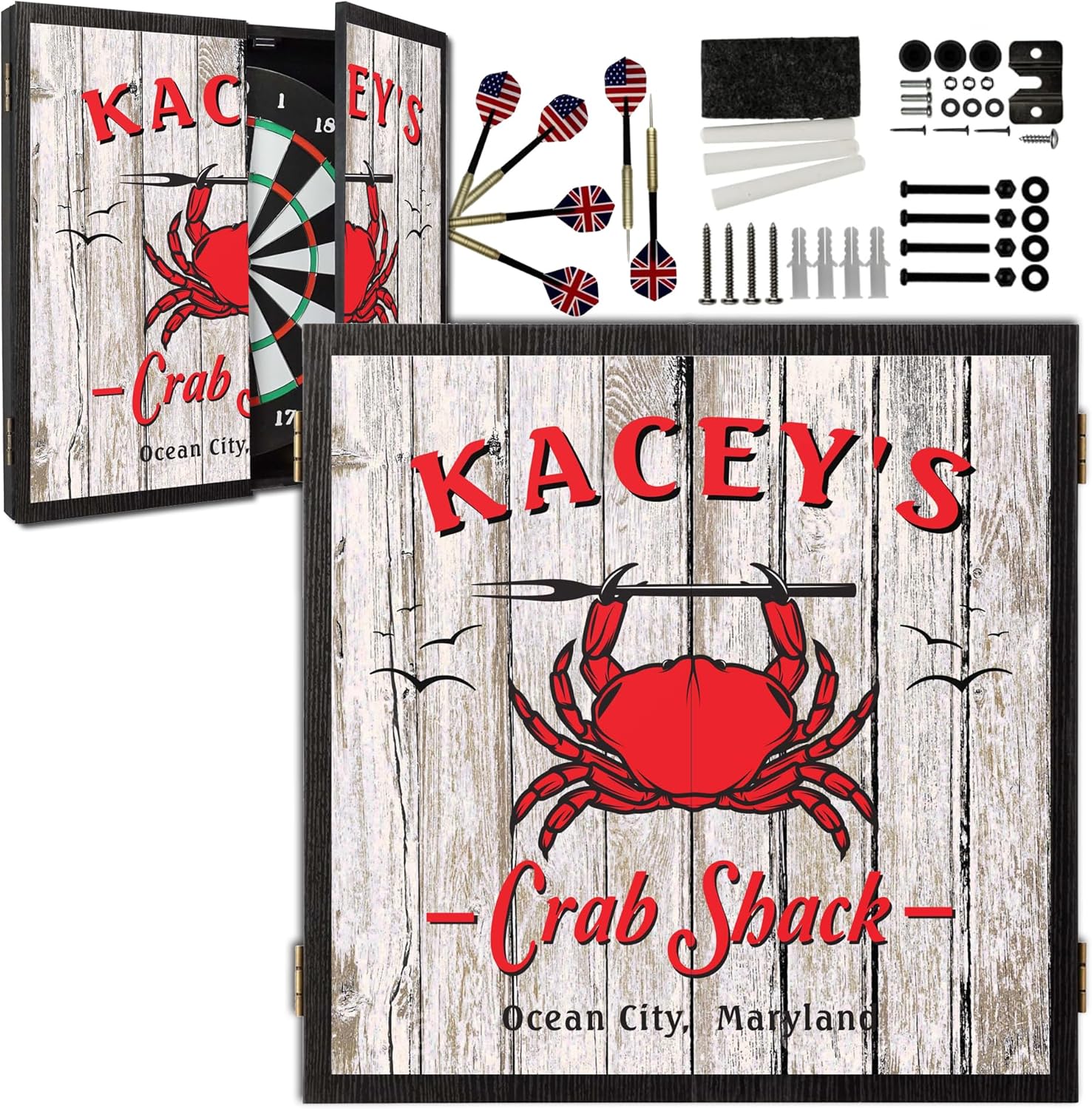 Personalized Dart Board Cabinet Set with 6 Steel Tip Darts, Paper Dartboard, Chalk & Eraser (21.5 x 21.5 x 2.75) - Man Cave Dart Boards for Adults