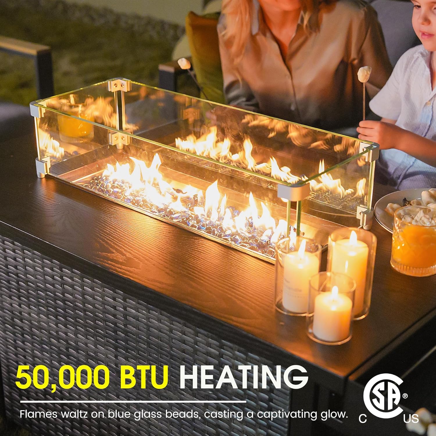 Sundale Outdoor 52 Inch Outdoor Fire Pit Table, 50,000 BTU Propane Fire Pits with Storage Shelf, Glass Wind Guard and Lid, Wicker Patio Gas Fire Pit for Outside Patio and Garden, CSA-Listed(Brown)
