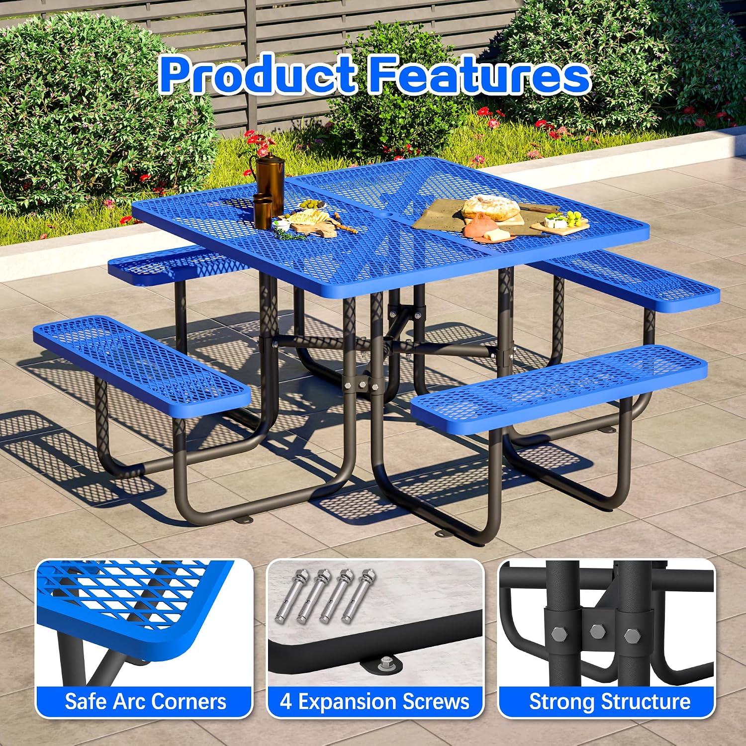 46" Square Picnic Table | Perforated Metal & Blue Thermoplastic Coating | Attached Benches & 1.73" Umbrella Hole | Perfect for Outdoor Rated, Garden, BBQ,Patio & Playground,Blue