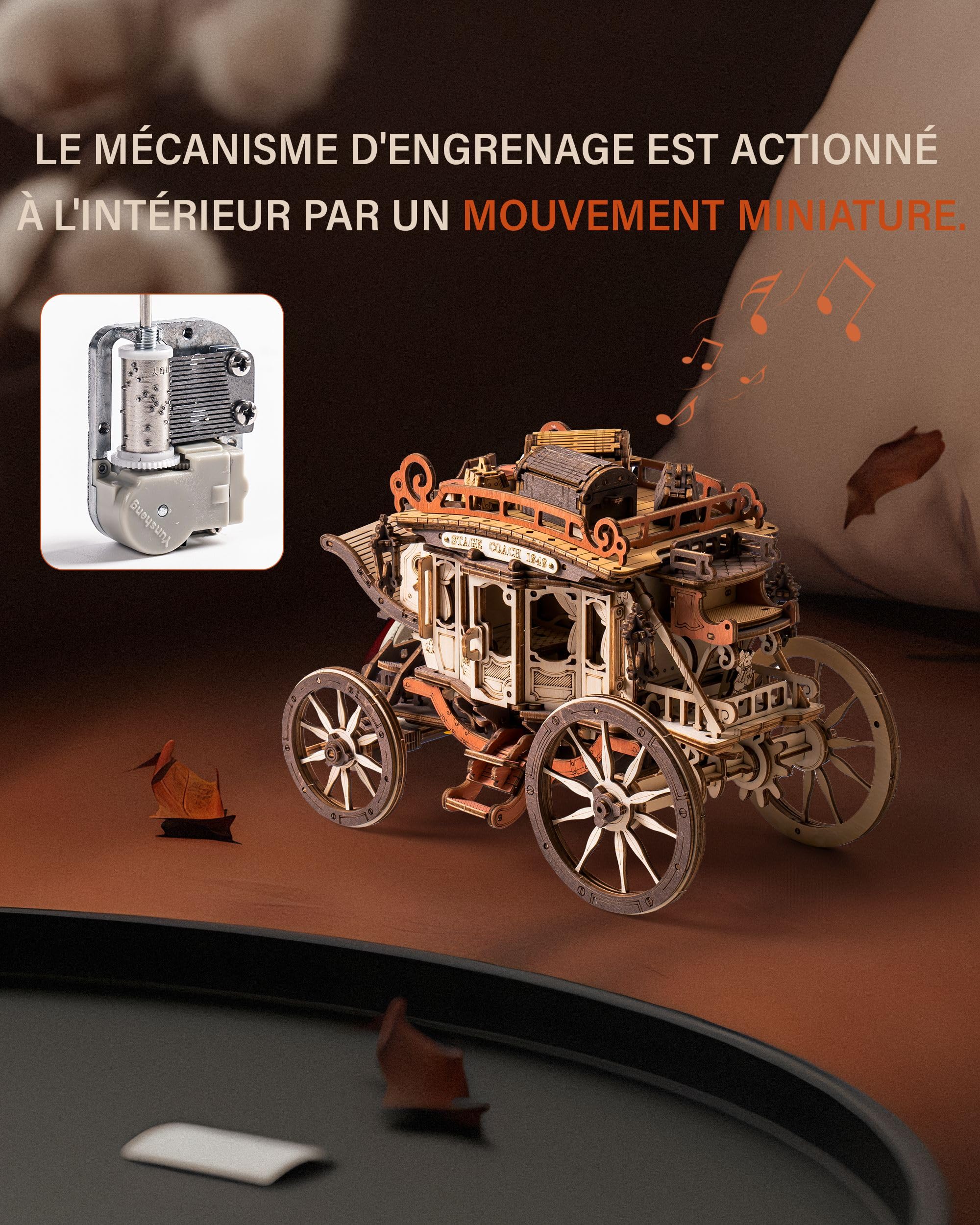 ROBOTIME Puzzle 3D en Bois, Boîte à Musique, Maquette Adulte a Construire, Modelisme Kit Construction Mécanique, Cadeaux pour Adolescents, Découpe au Laser - Diligence