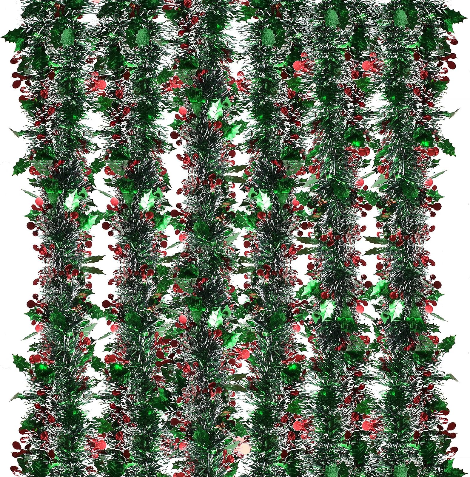 6 Packs Christmas Tinsel Garland Metallic Green Holly Berry Tinsel White Christmas Tree Decorations Xmas Party Decorations