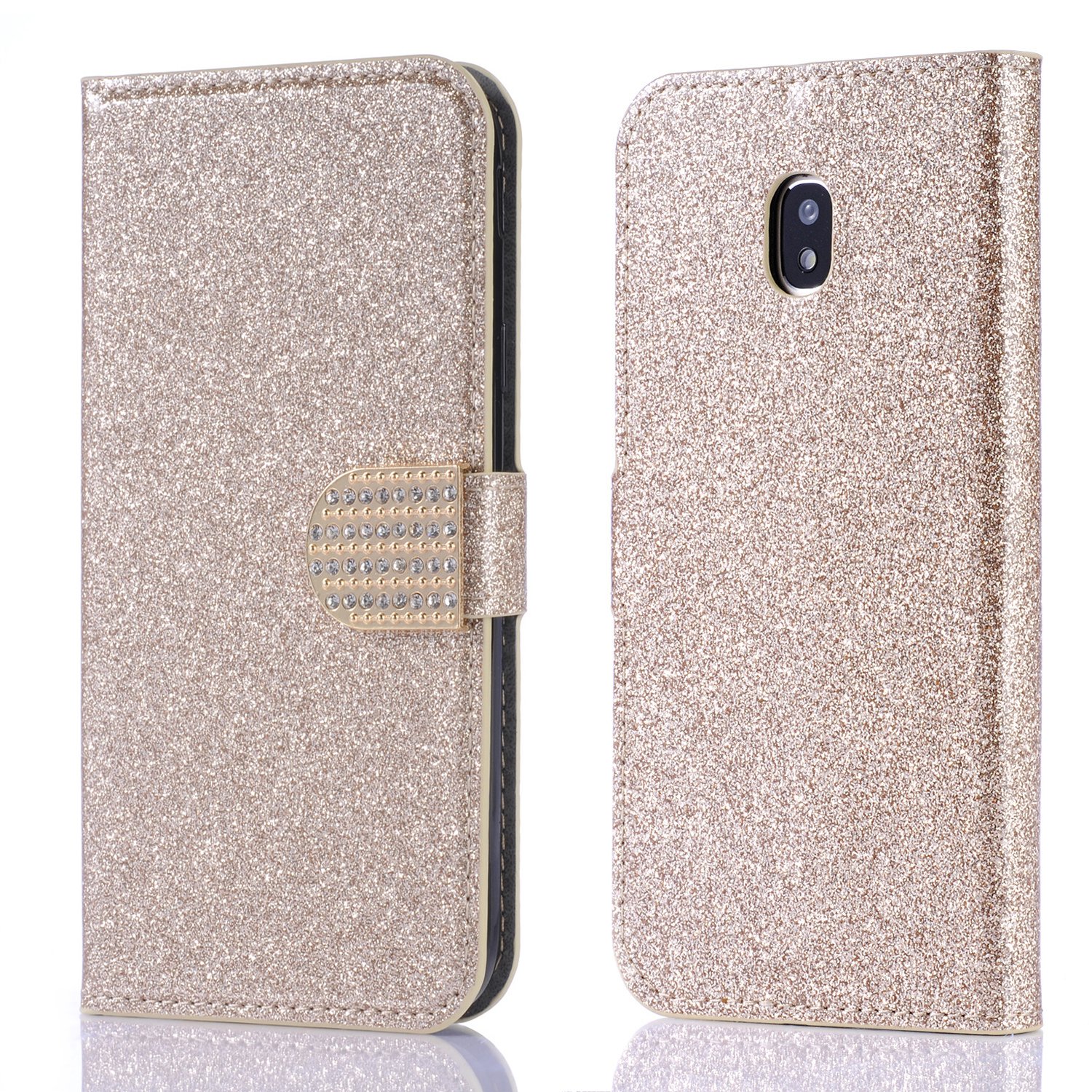 Xifanzi Flip Wallet Case for Galaxy J5 2017 Gold Glitter Cool Cute 3D Diamond Buckle Bling Glitter Pattern Leather Flip Kickstand Magnetic Book Wallet for Samsung Galaxy J5 2017/J530