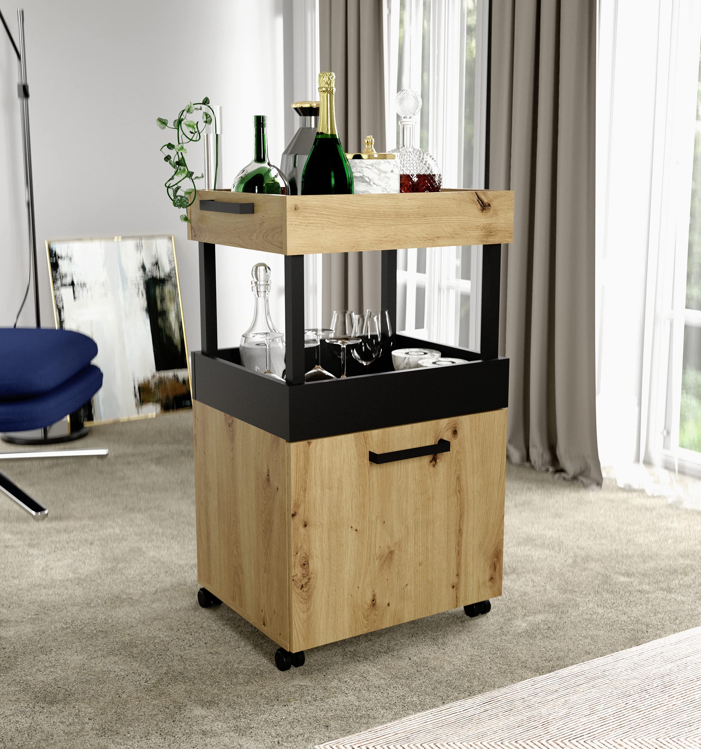 FORTE HOME BAR Barschrank mit Rollen und 1 Tür, Holzwerkstoff, Artisan Eiche / Schwarz matt, 50.2 x 88.5 x 41 cm