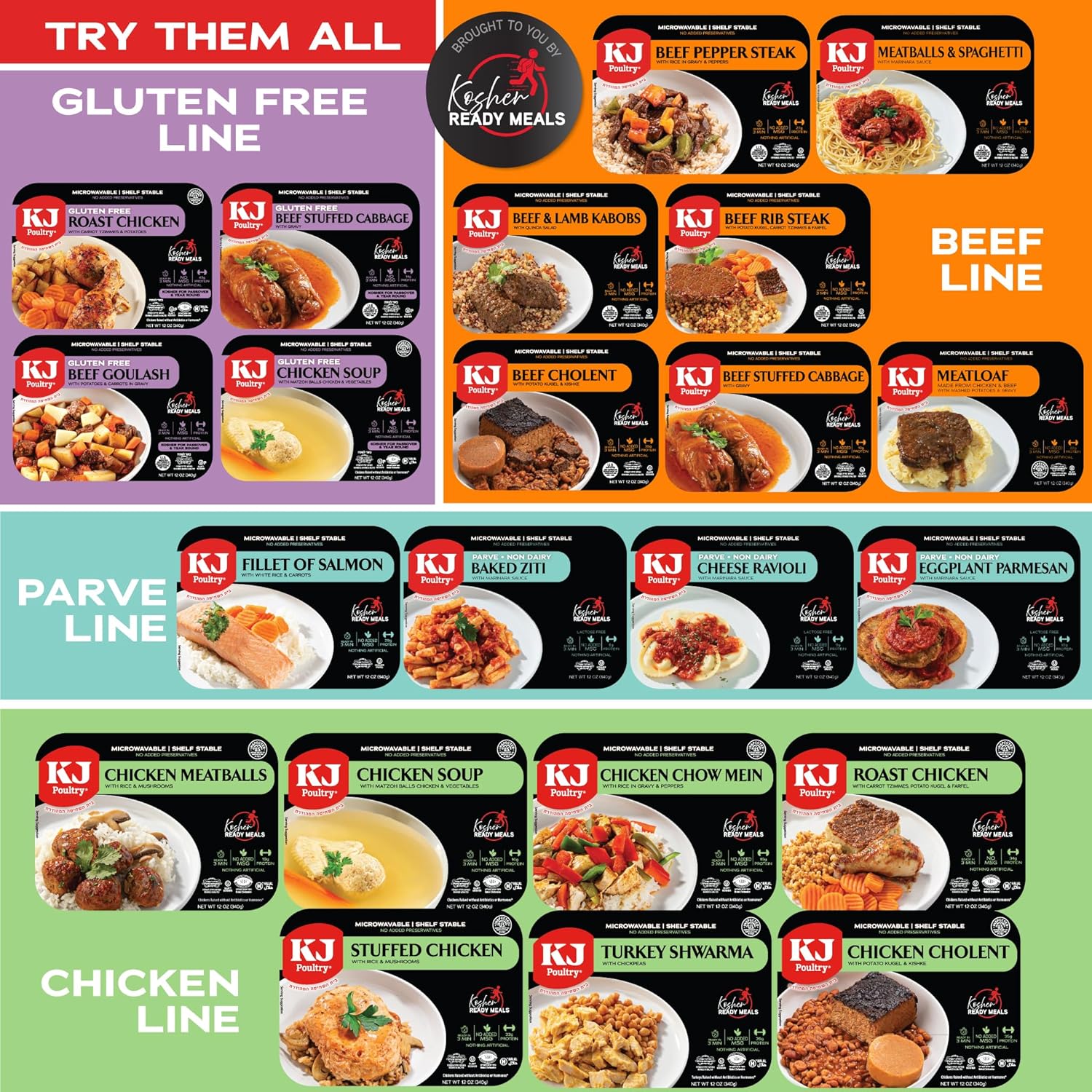 KJ Poultry Kosher for Passover Gluten Free Meals, Roast Chicken with Potato & Carrots, Halal, (6 Pack) Prepared Entree Fully Cooked, Shelf Stable Microwave Dinner, Travel Military Camping