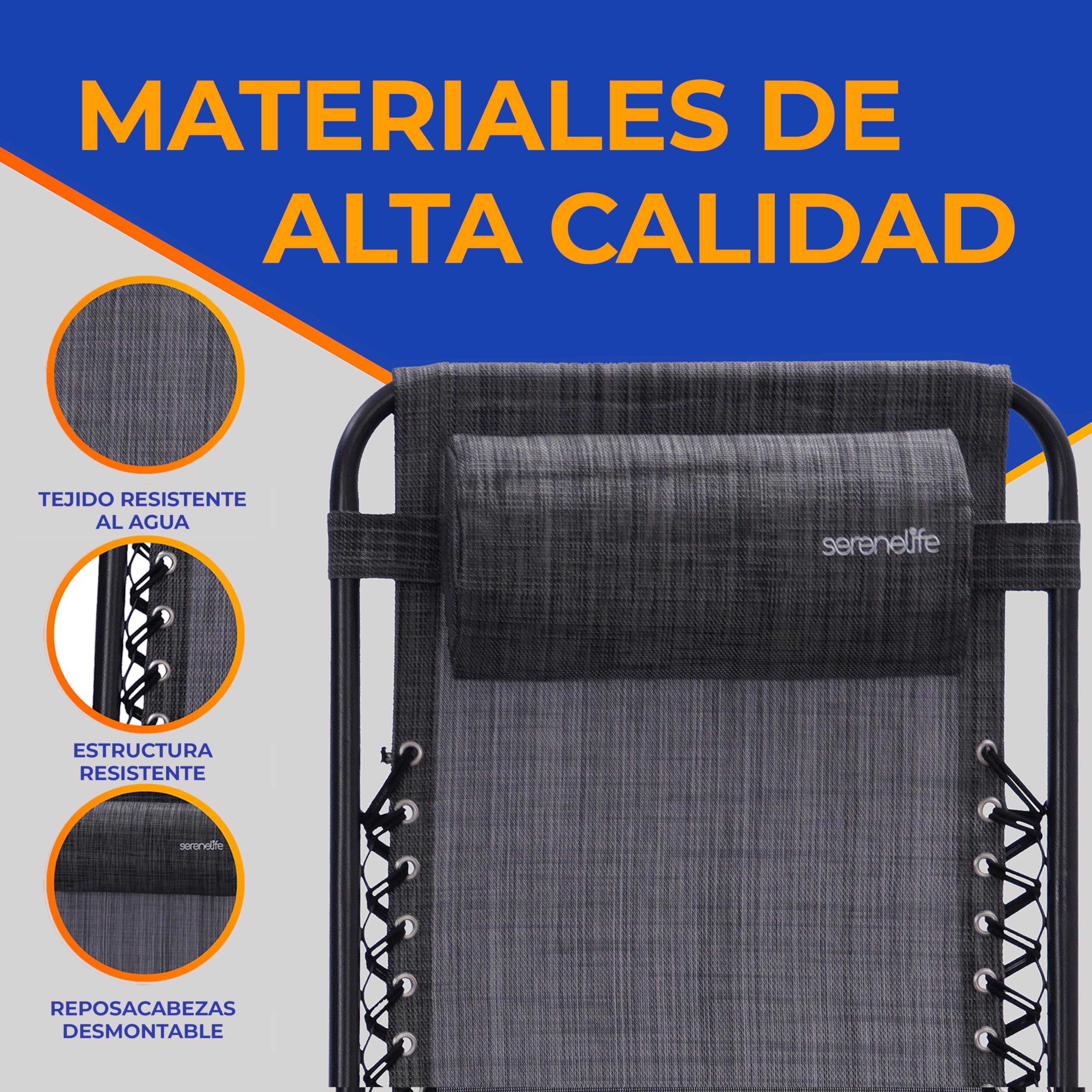 SereneLife sillas reclinables de Exterior, Set de 2, Tumbonas de Malla de Acero, con Almohada Desmontable, Portavasos, Plegables, Ajustables, Portatiles, Zero Gravity, Camping, Patio, Piscina o Playa