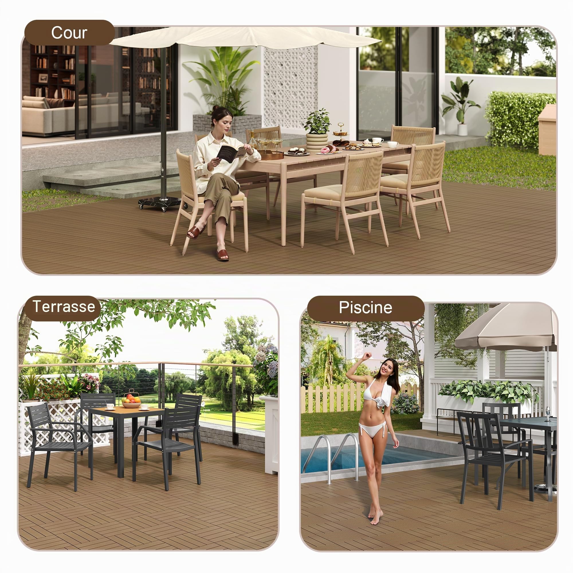 Laneetal Lot de 11 Carreaux de Terrasse à Lattes en WPC, Dalle de Terrasse Clipsable en Composite à Emboîtement, Carreaux Extérieur pour Jardin, Patio, Balcon, 30x30cm, Brun clair