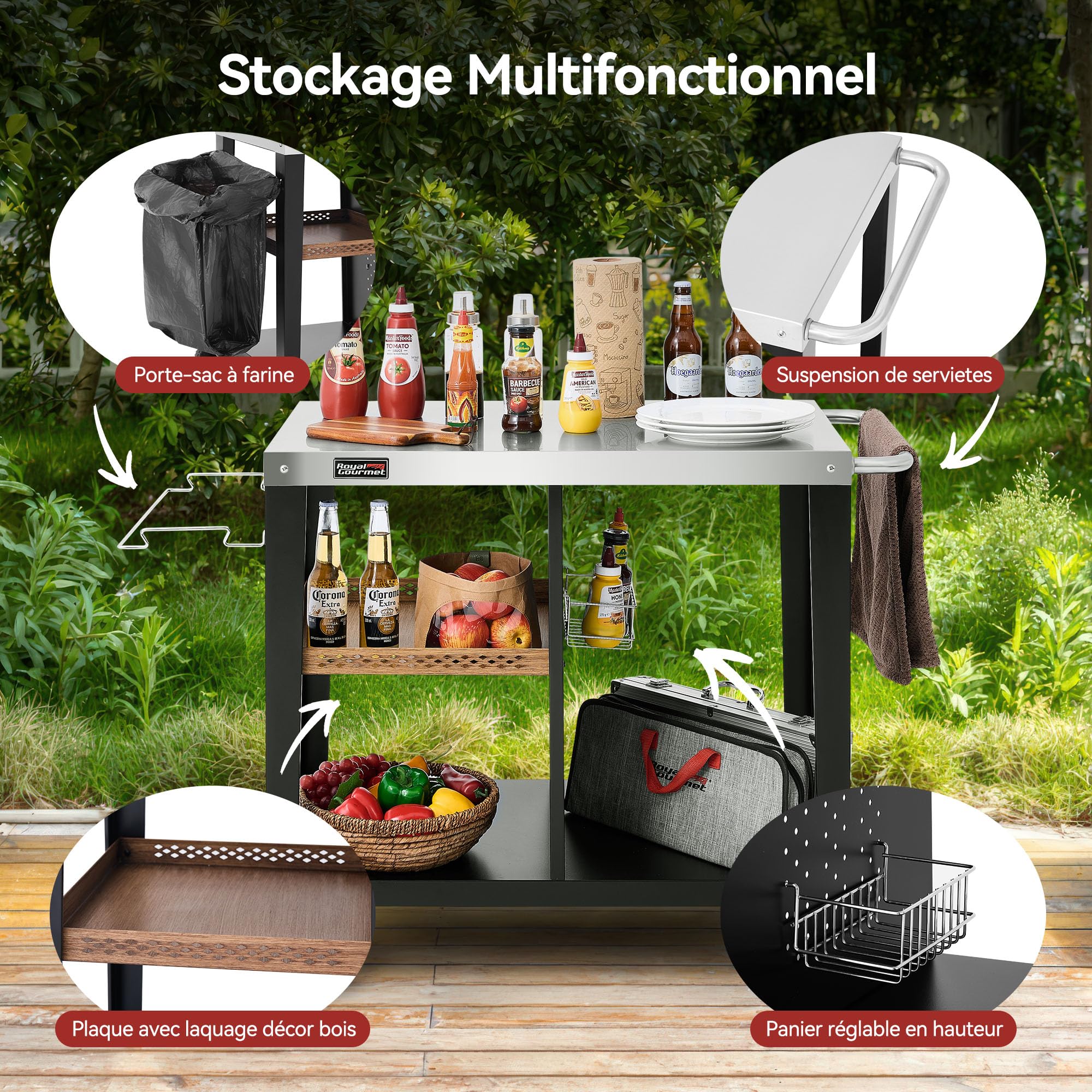 Royal Gourmet Desserte Extérieure pour Plancha, Chariot pour Barbecue avec Dessus de Table en Acier Inoxydable 85 x 50 cm, Style Vintage Industriel, Convient pour Cuisine et Jardin