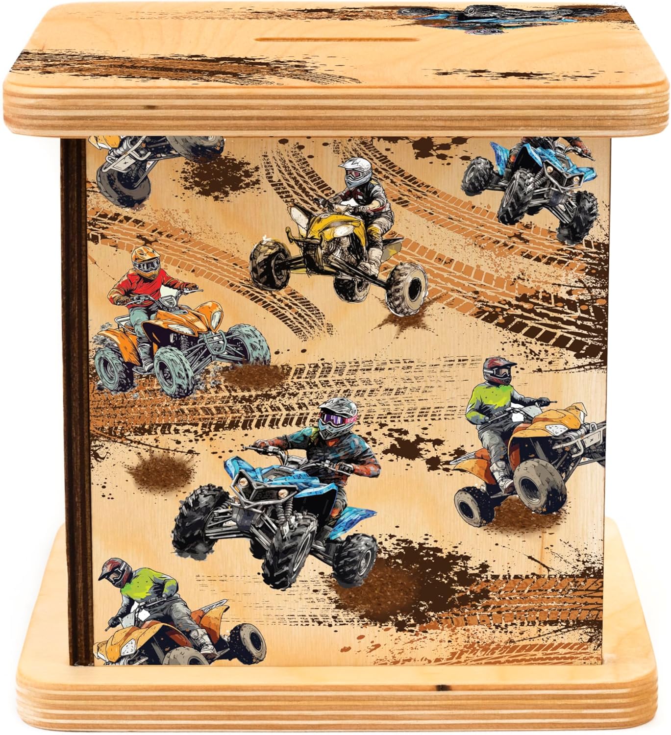 Wooden Piggy Bank for Kids and Adults, Personalized Gift Handmade in USA by BloomOwl, Custom Coin Bank for Boys and Girls (Quad 4 Wheeler)