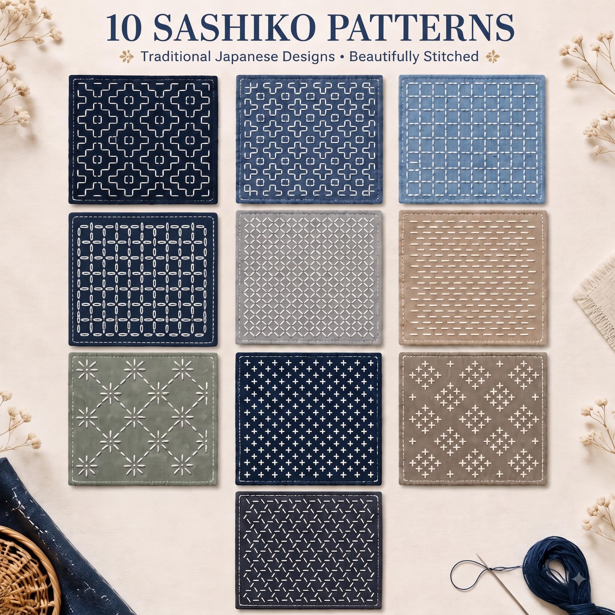 Sashiko Kit para principiantes, suministros de costura de bordado japonés con tela vaquera, dedal, hilo y agujas solubles en agua, perfecto para acolchado y reparación a mano