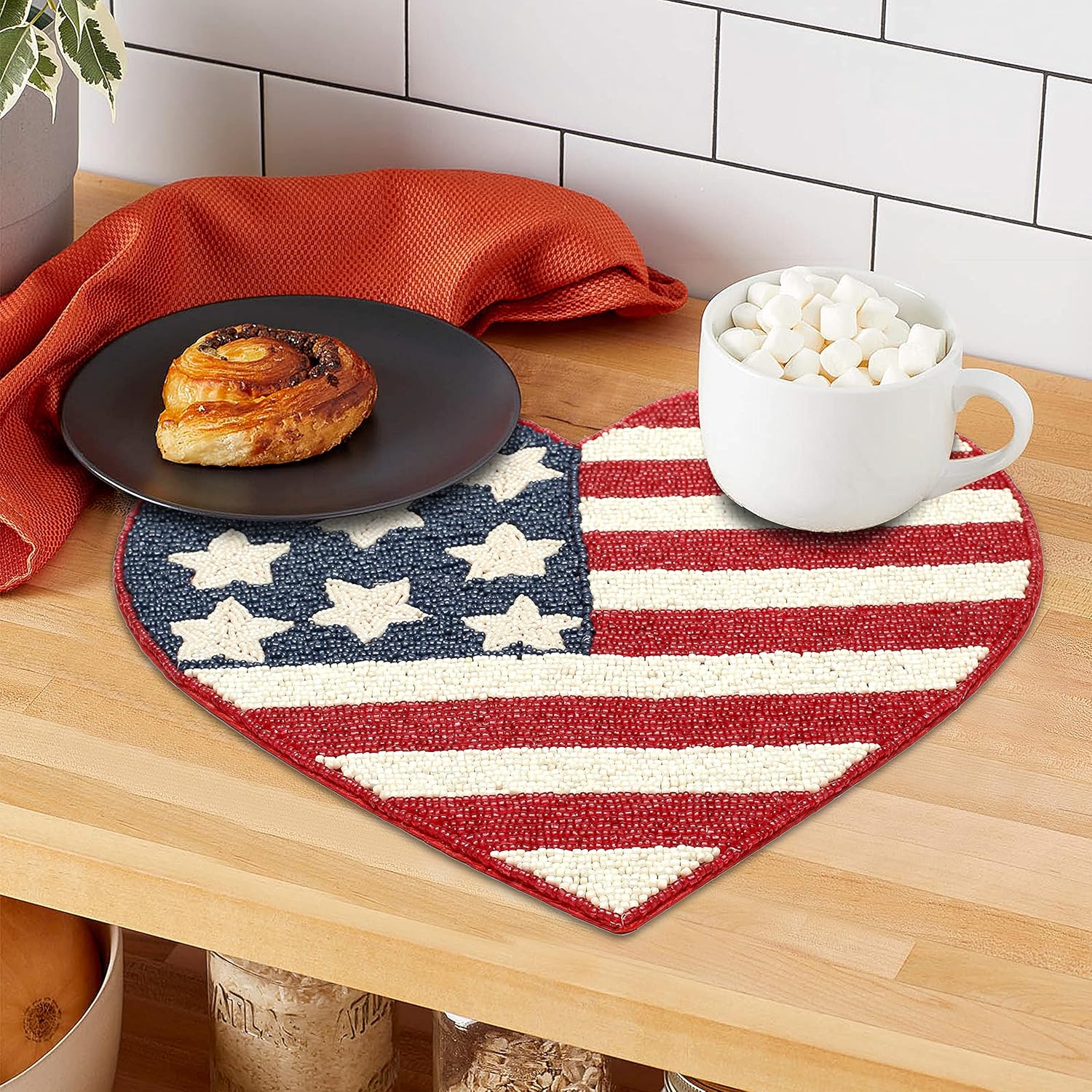 Lightnpro Heart-Shaped Beaded Placemat Set of 2 - Handmade Charger Mat -Patriotic Table Decor for 4th of July, Independence Day, Memorial Day, Family Gathering, Summer Parties -13 Inch Red White Blue