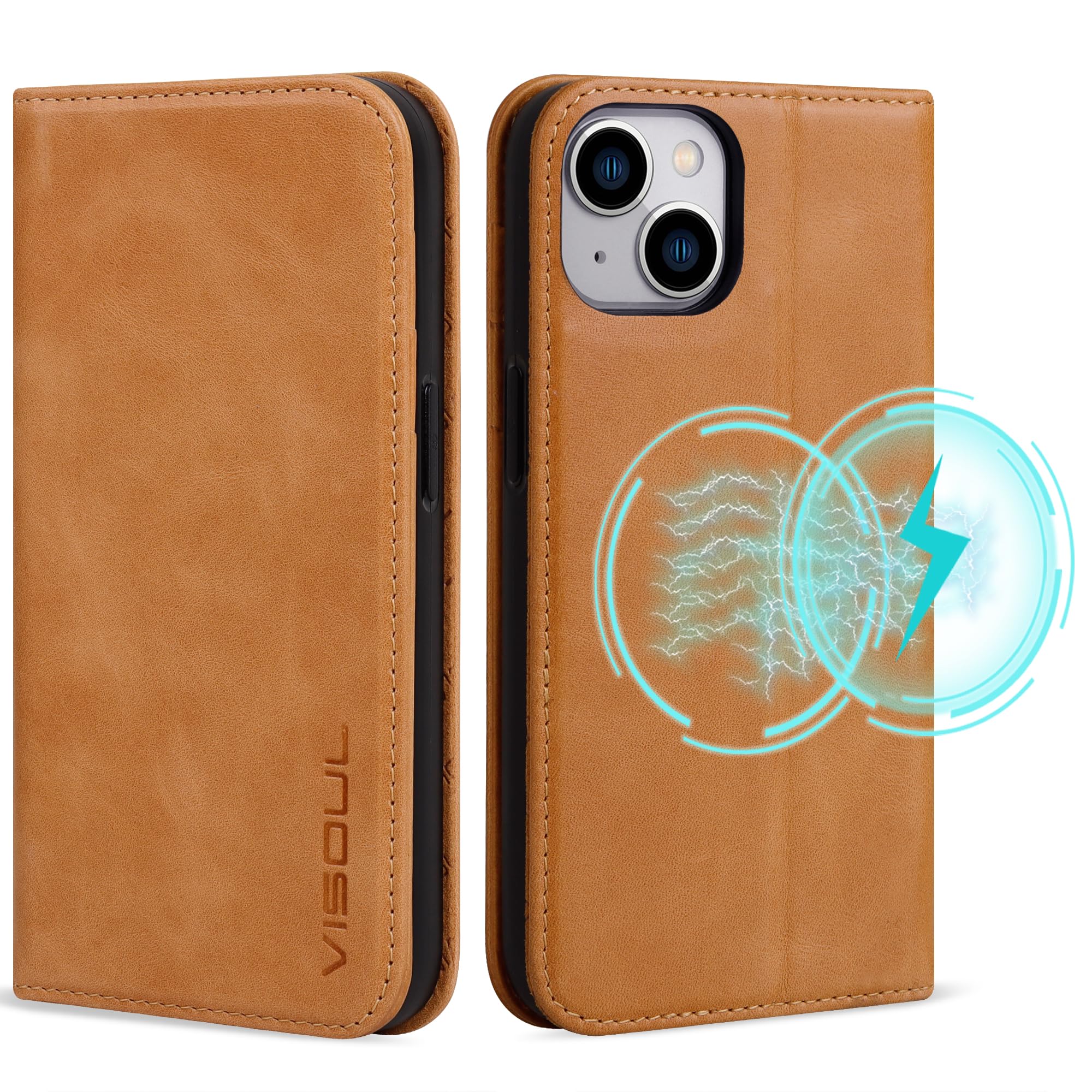 VISOUL Hülle für iPhone 15, Schutzhülle Echt Leder Schützt vor Stoß Kartenfach Magnetverschluss Stand klappbar handyhülle Handytasche Etui Case Gelb