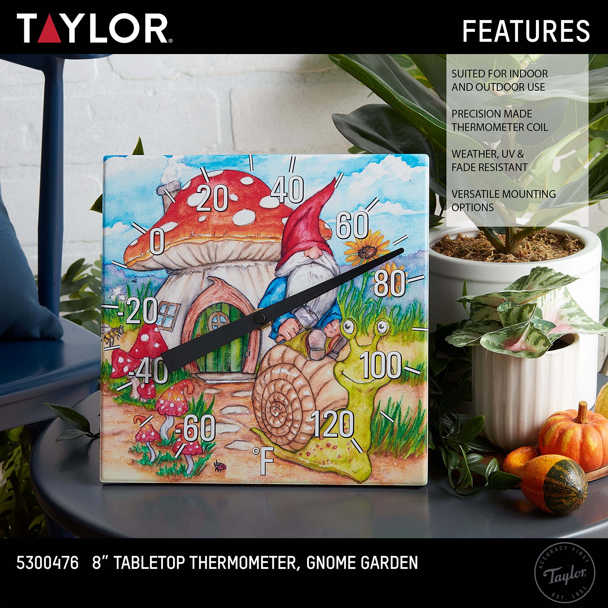 Taylor Termometro da tavolo, 20,3 cm, multicolore, acquerello-gnomo giardino, 20,3 cm