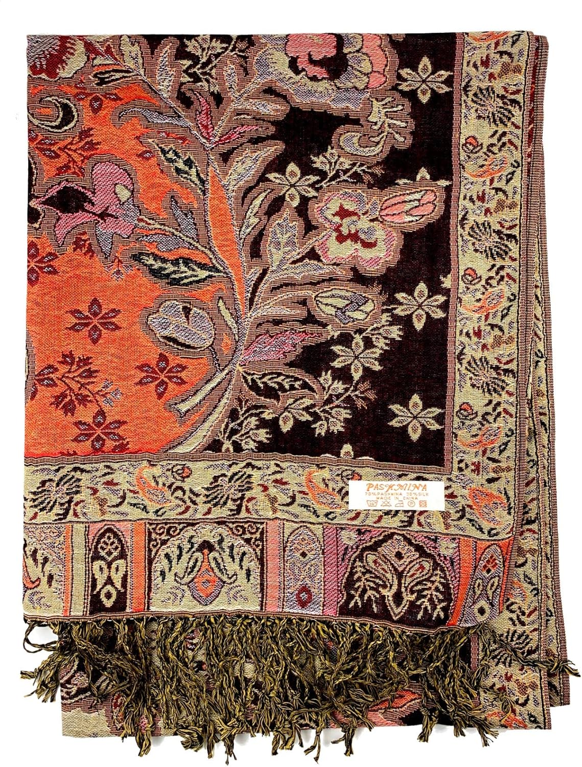 Plum Feathers Tapestry Ethnic Paisley Pattern Pashmina Shawl Scarf, Womens Pashmina Shawl Wrap with Fringes - Image 2