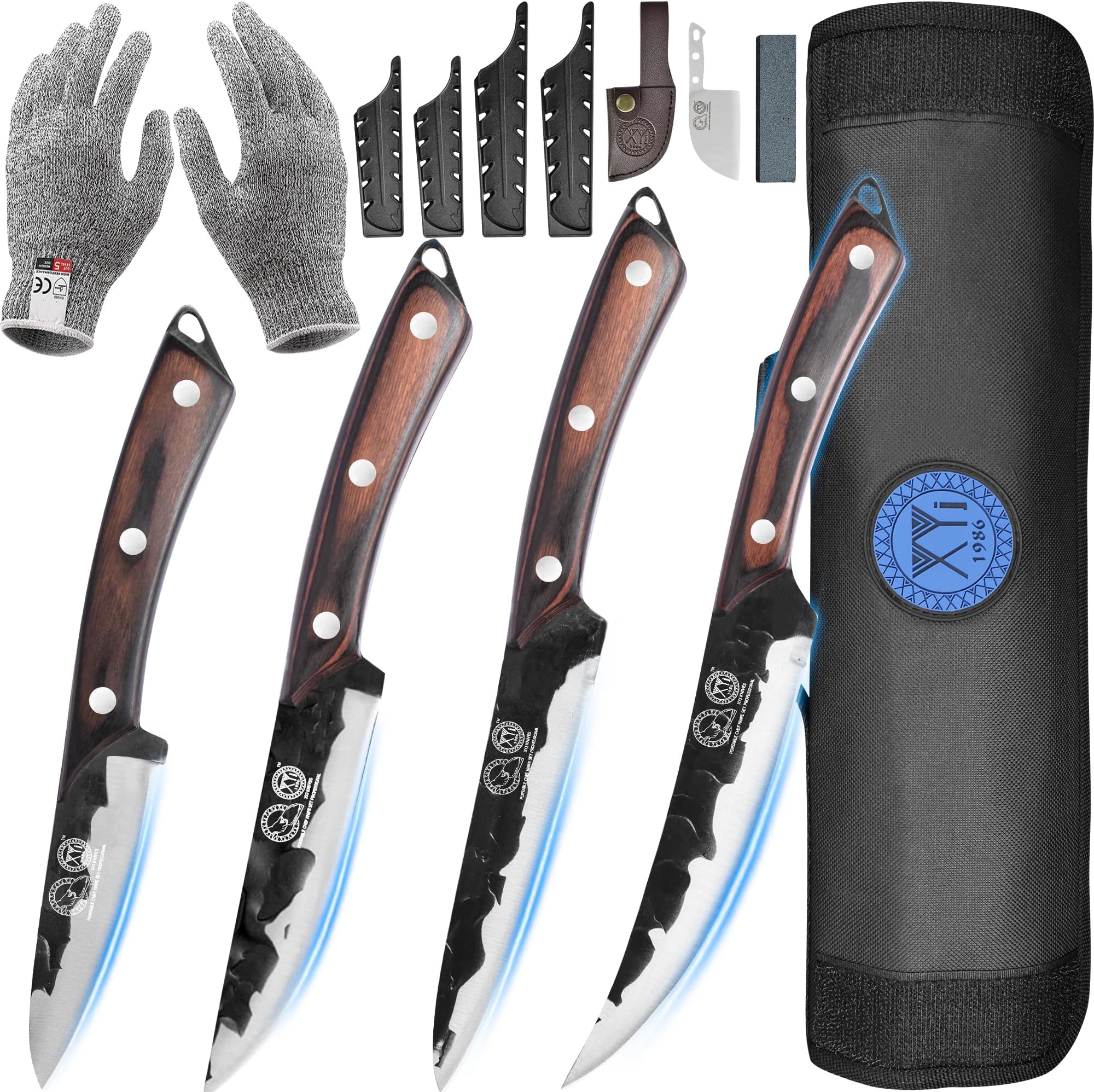 XYJProfessional Kitchen Knife Set with High-Carbon Steel Forged Blades, Chef's Knife, Cleaver, Carving Knife, Nakiri, Full Tang Design, Includes Carrying Bag & Poultry Scissors