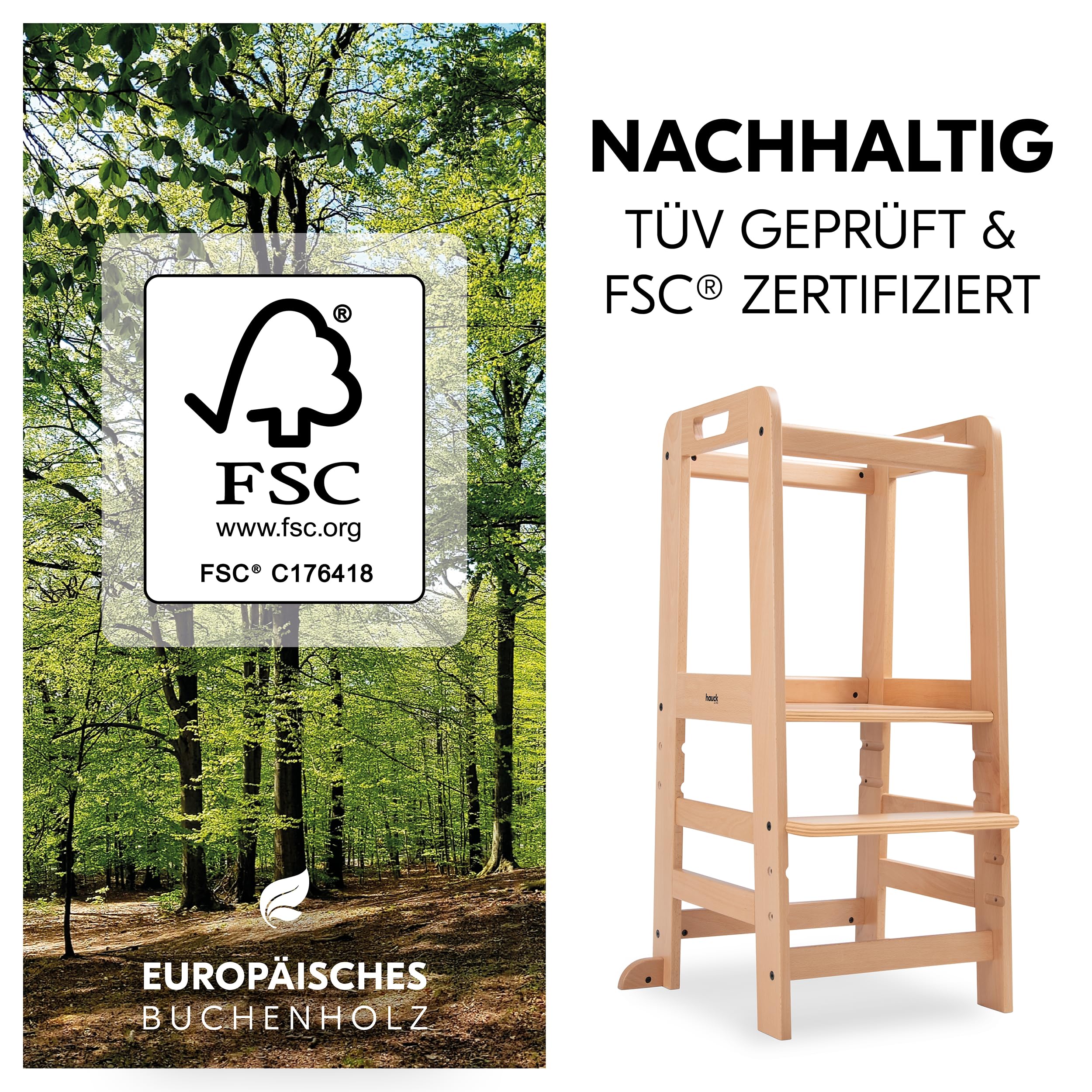 hauck Learn N Explore Natural Lernturm inkl. Puzzle N Fit - Natural | Mitwachsender Kinder Lernturm aus Buchenholz, ab 1 Jahre bis 40 kg, höhenverstellbares Fußbrett