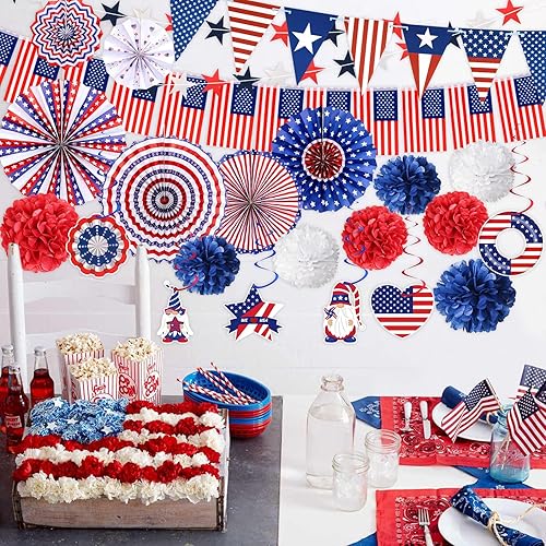 Miniatura 7 de 34 piezas de decoraciones del 4 de julio, suministros para fiesta del 4 de julio, pancarta de estrellas de la bandera de Estados Unidos, accesorios