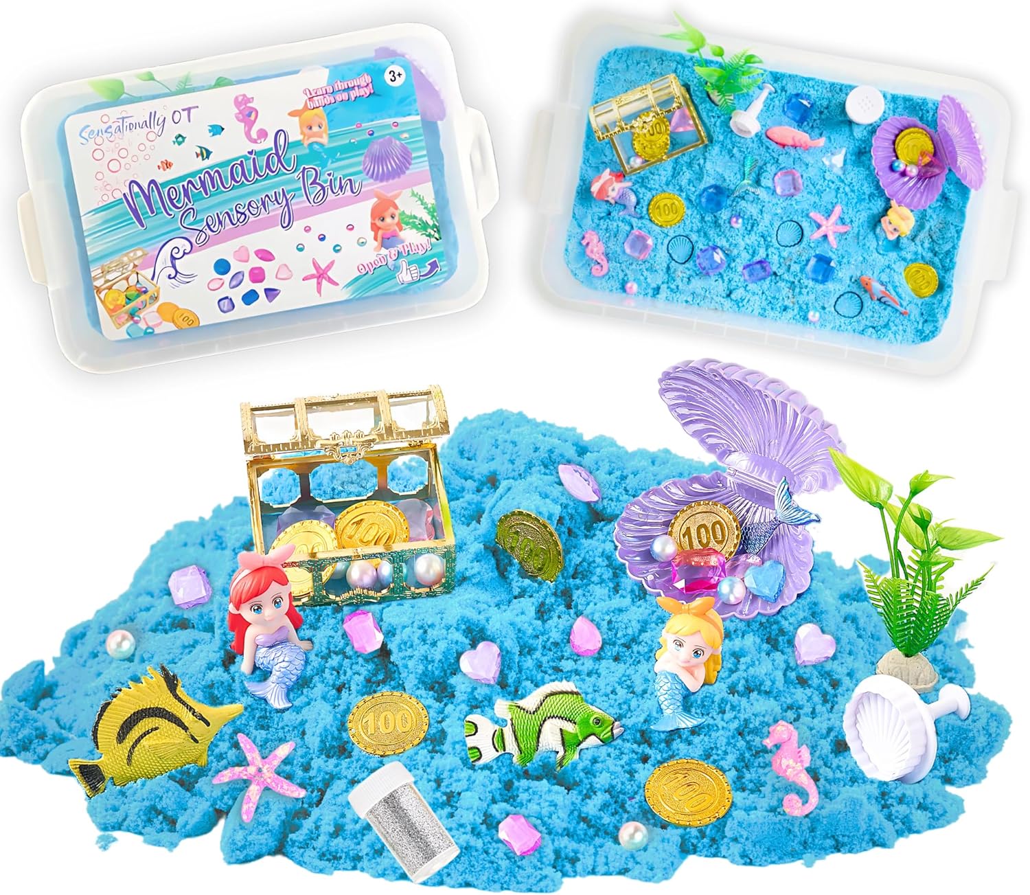 38 PCS Mermaid Sensory Bin with 2 lb Magic Sand, Ocean Molds & Treasure Accessories – Creative Sand Play Gift for Girls Ages 3–8