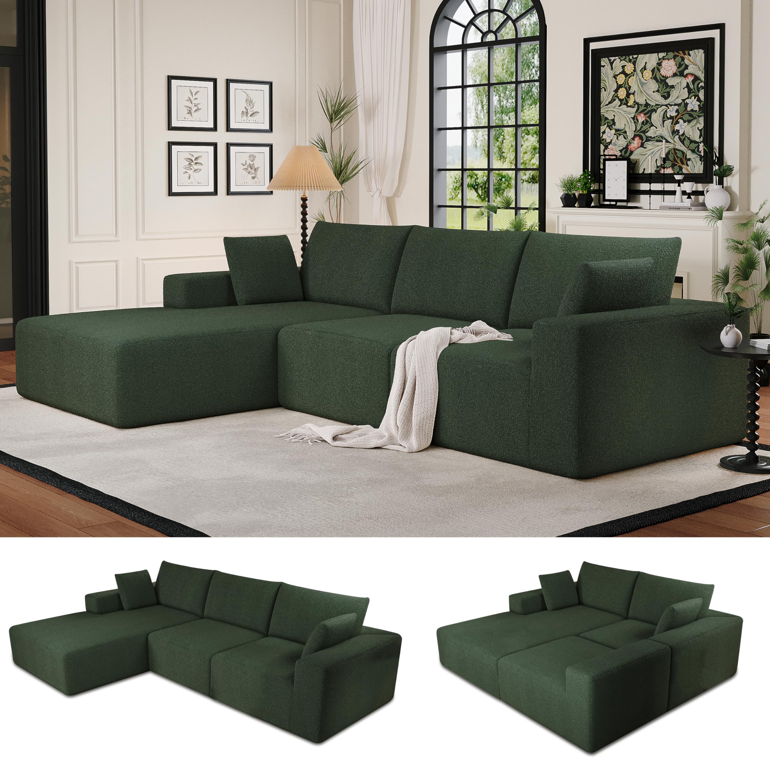 108" Cloud Sectional Sofa with Teddy Velvet Fabric, Modular Fluffy Couch Deep Seats No Assembly, Boneless Sofa L-Shaped Chaise for Living Room