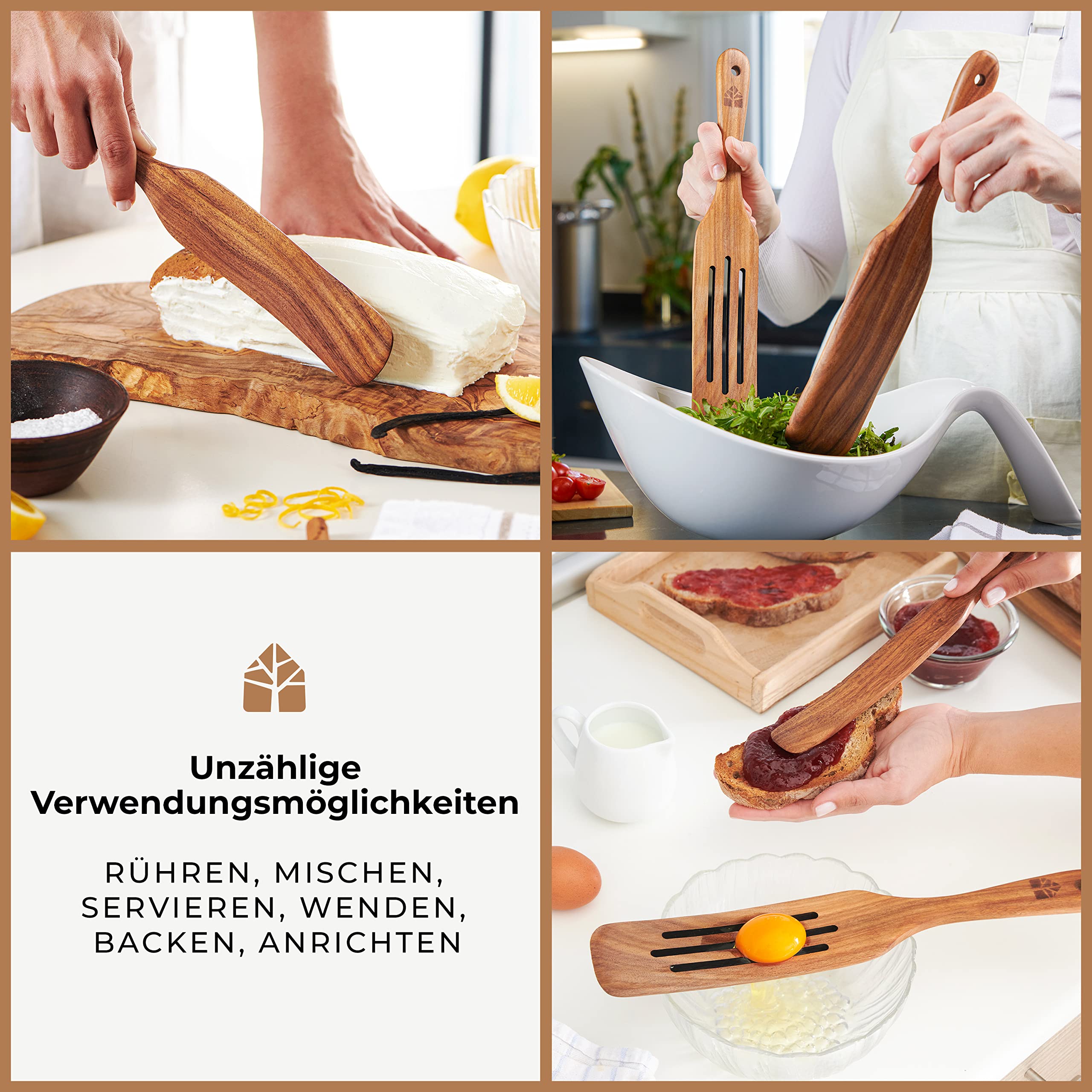 Holzspurtle Set, Teak Spurtles Küchenwerkzeuge, Holzspatel zum Kochen, Holzutensilien Set von 5, Antihaft-Kochgeschirr zum Servieren, Rühren, Mischen, Schaben, Schaufeln, gesund und hitzebeständig | Antihaft-Küchenwerkzeug zum Servieren, Rühren, Mischen,