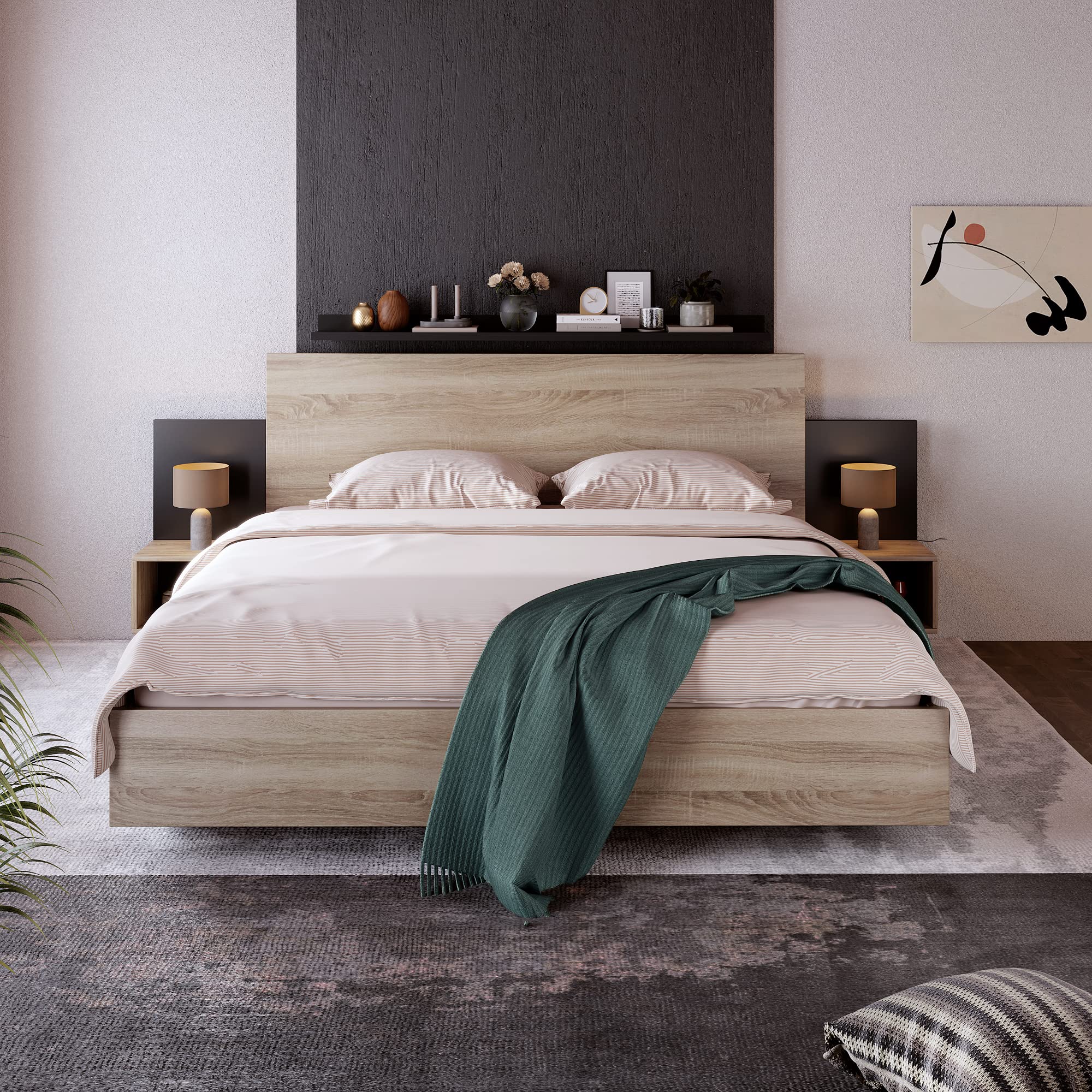 Letto matrimoniale in legno, 160 x 200 cm, con 2 comodini, letto moderno, con 2 comodini, camera da letto, completo, 205,5 x 235 x 76,5 cm (larghezza x profondità x altezza), set in rovere
