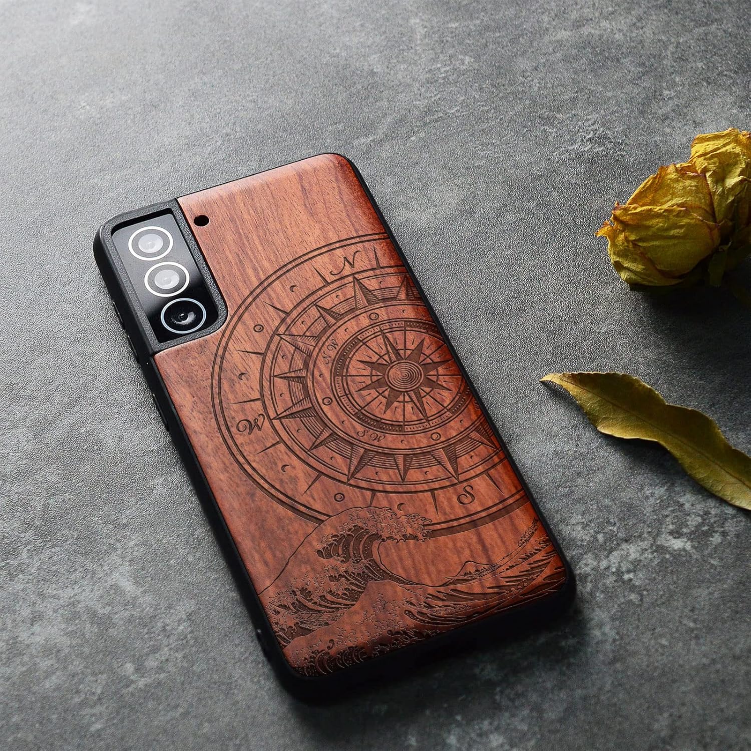Carveit Wood Case for Galaxy S21 Case [Natural Wood & Black Soft TPU] Shockproof Hybrid Protective Unique Wooden Cover Compatible with Samsung S21 5G (Compass & Waves-Rosy)