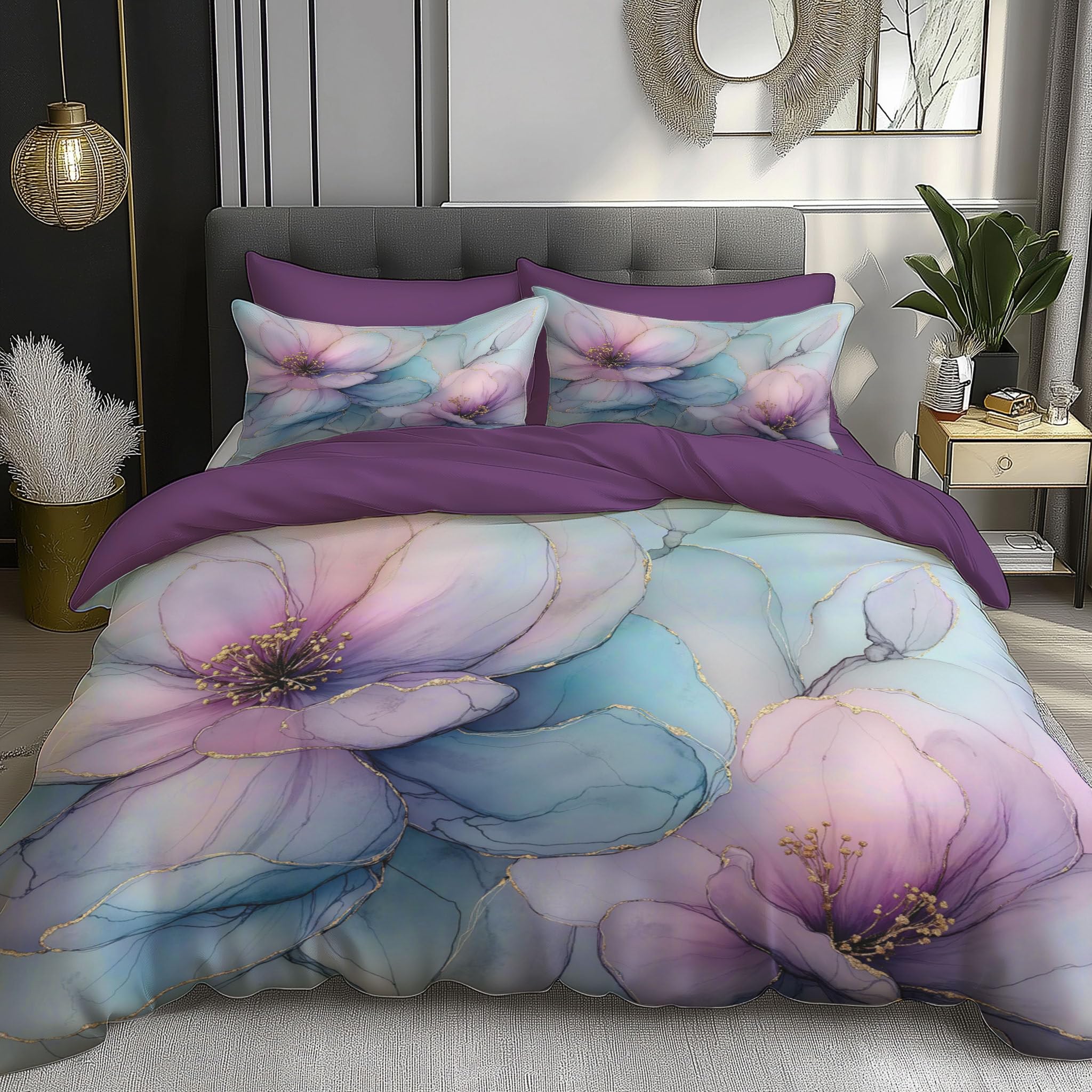 Housse de couette 140x200 parure de lit microfibre encre aquarelle bleue 1 personne