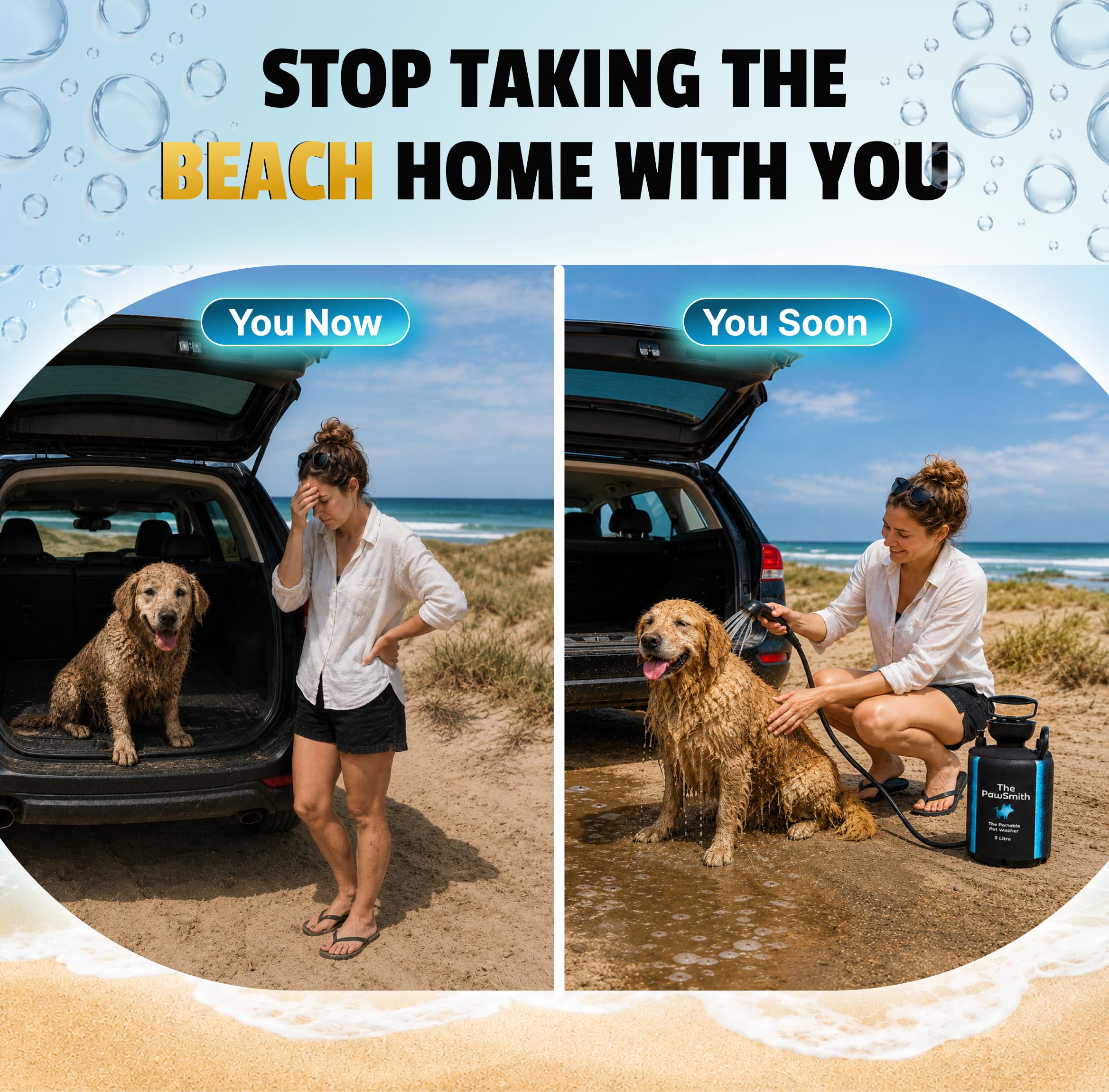 Splash n' Dash Douche portable pour chien 8 litres - Kit de douche manuel avec tête de brosse et veste en néoprène - Lave-chien portable pour la maison, les voyages ou l'extérieur