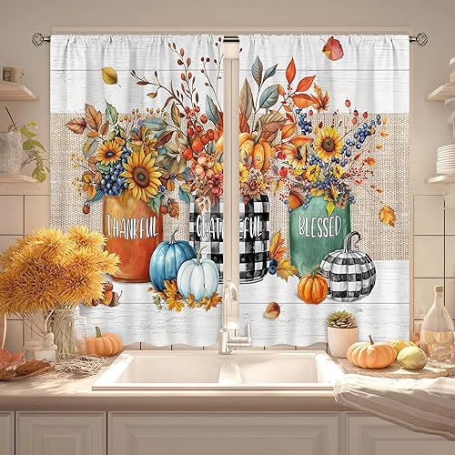 Cortinas de cocina con calabazas de otoño y otoño, hojas de arce rústicas, florales, cosechas de Acción de Gracias, tablero de madera de campo de