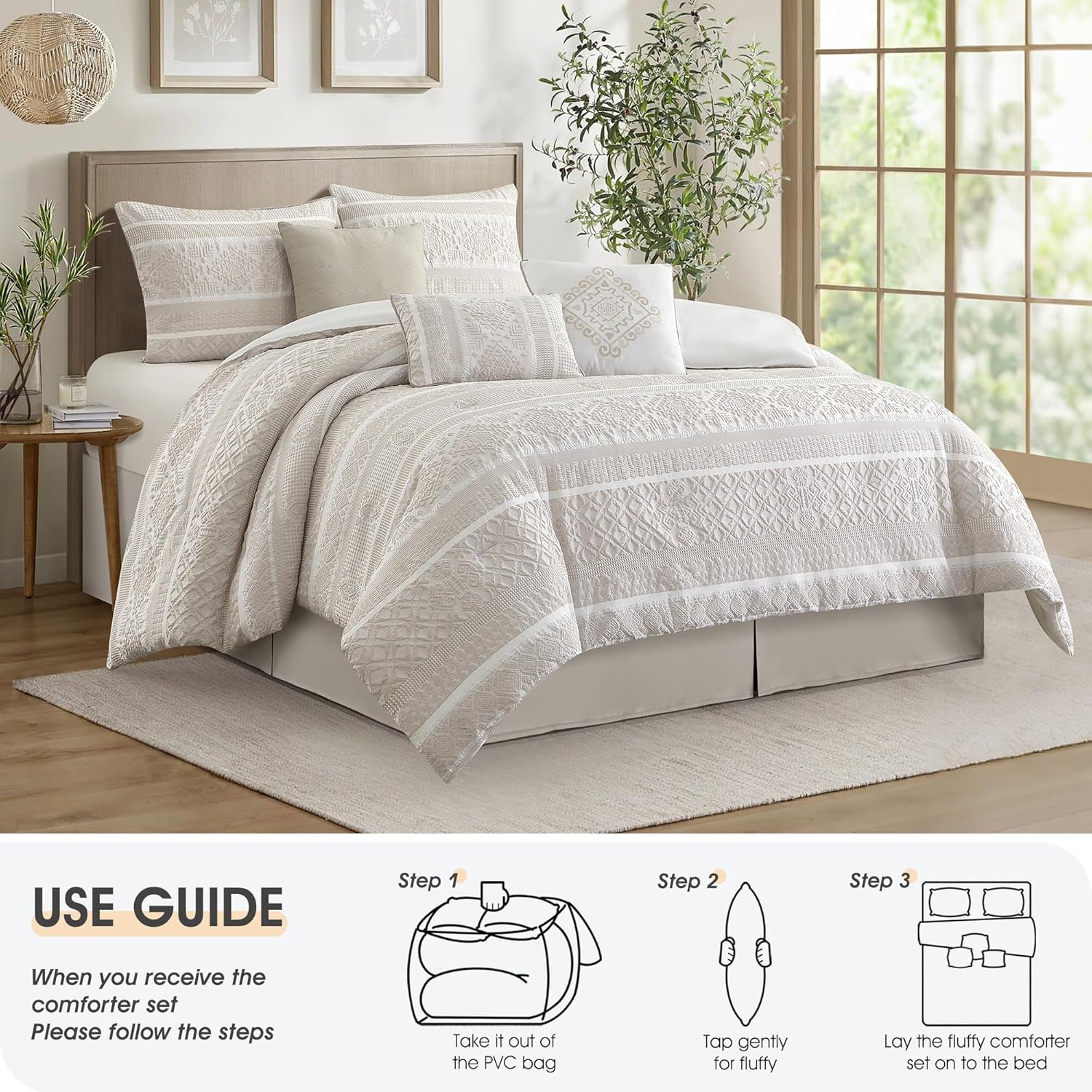LANCO MODERN LIFESTYLE 7 Piece Queen Comforter Set, Beige, Elegant Jacquard with Patchwork, Stylish and Cozy Bedding Collection, Premium Bedding Set with Bedskirt, Shams and Pillows