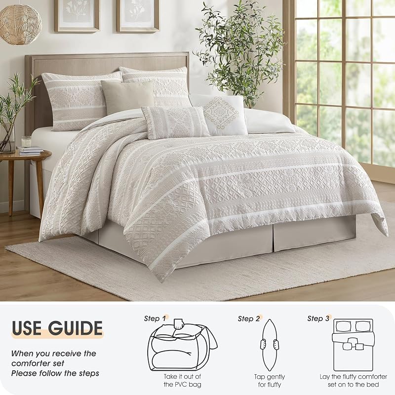 LANCO MODERN LIFESTYLE 7 Piece King Comforter Set, Beige, Elegant Jacquard with Patchwork, Stylish and Cozy Bedding Collection, Premium Bedding Set with Bedskirt, Shams and Pillows image 6