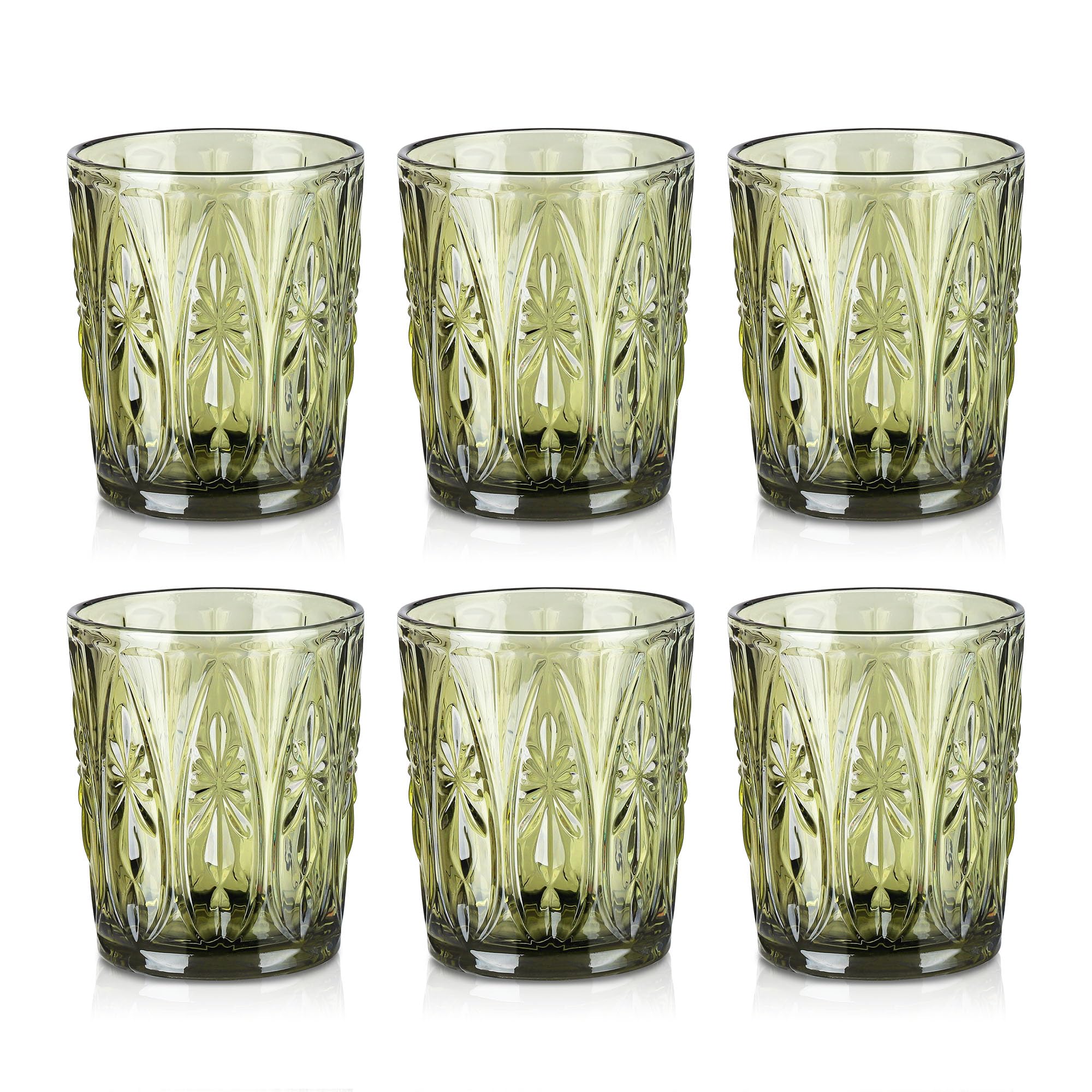Joeyan Lot de 6 Verres à Eau Vert, 320ml Verres à Jus et Soda, Moderne Verres à Boire Décoré en Géométrique Relief, Verre de Table Pour Eau Gazeuse Orangeade Apéritif et Bière, Lavable Lave-Vaisselle | Verres à Jus et Soda, Moderne Verre de Table Décoré e