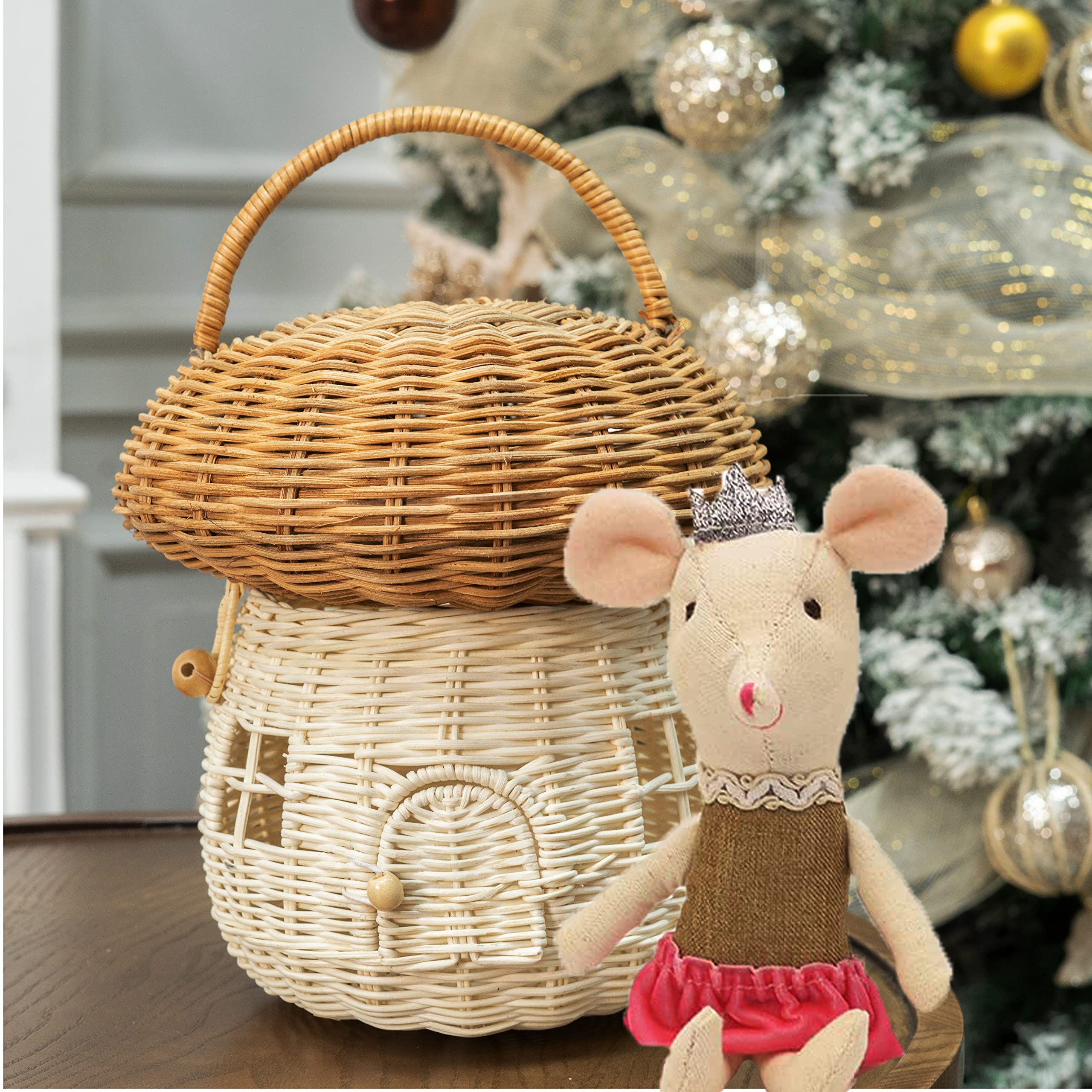 Panier En Rotin Tressé Main Design Champignon - 25x25 Cm - Rangement Décoration Enfant - Cadeau Original Marron