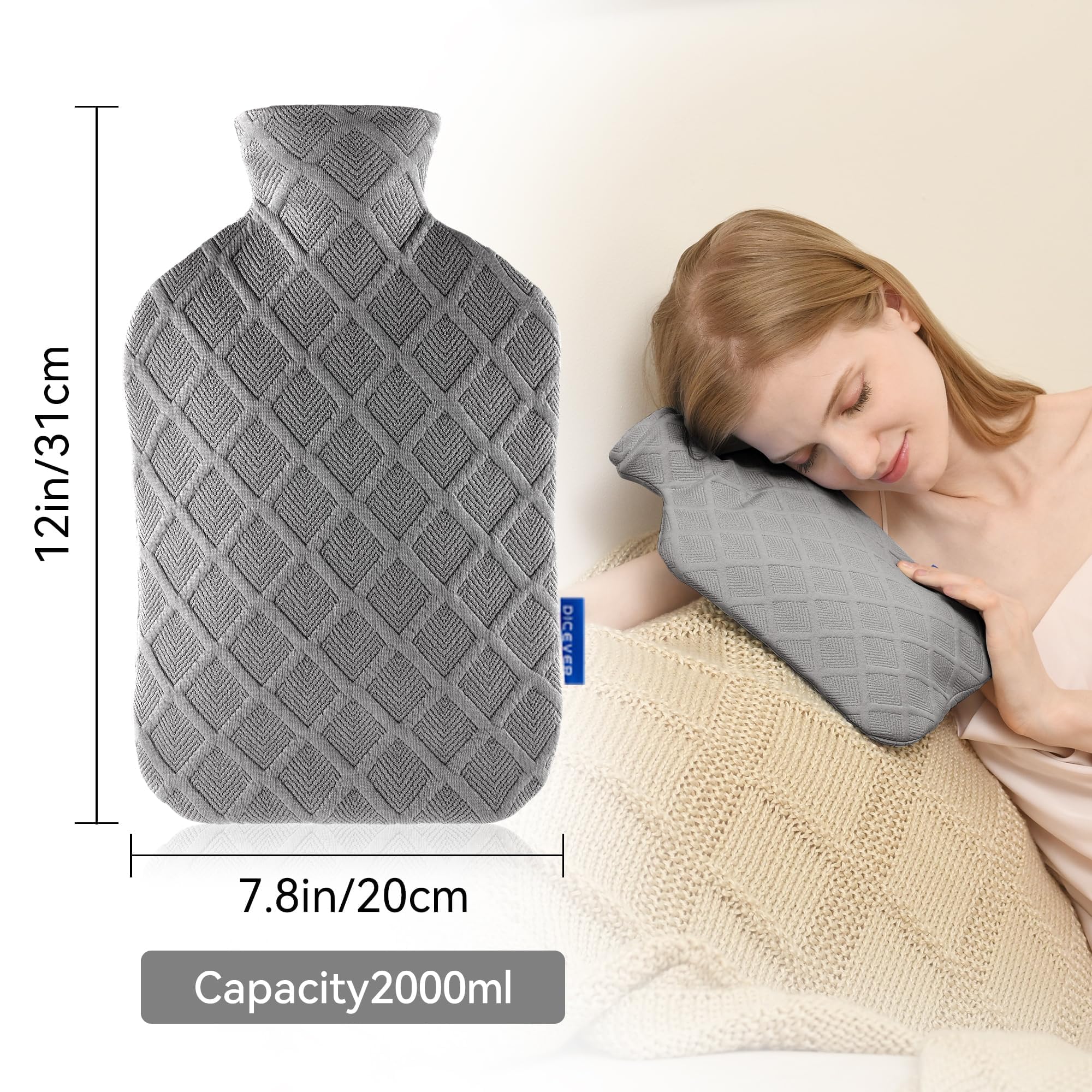Botella de agua caliente con cubierta suave, bolsa de agua caliente de 2 litros, terapias calientes y frías para dolores musculares, calambres menstruales, alivio del dolor de cuello y