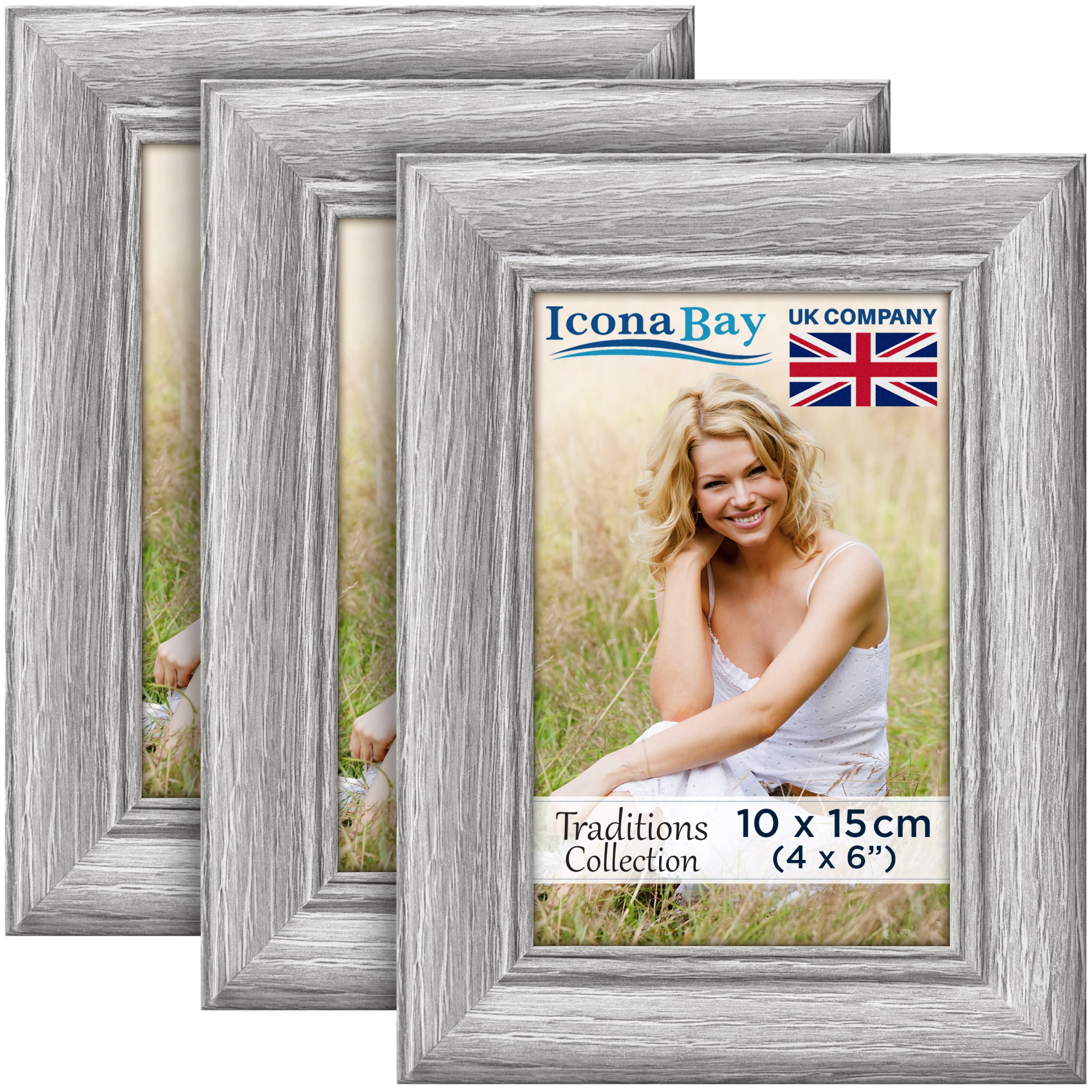 Icona Bay - 6x4 Picture Frames - Ash Grey, 3 Pack - Rustic Wood Pattern - Lightly Distressed Frames for Table Top Display or Wall Mount - Traditions Collection
