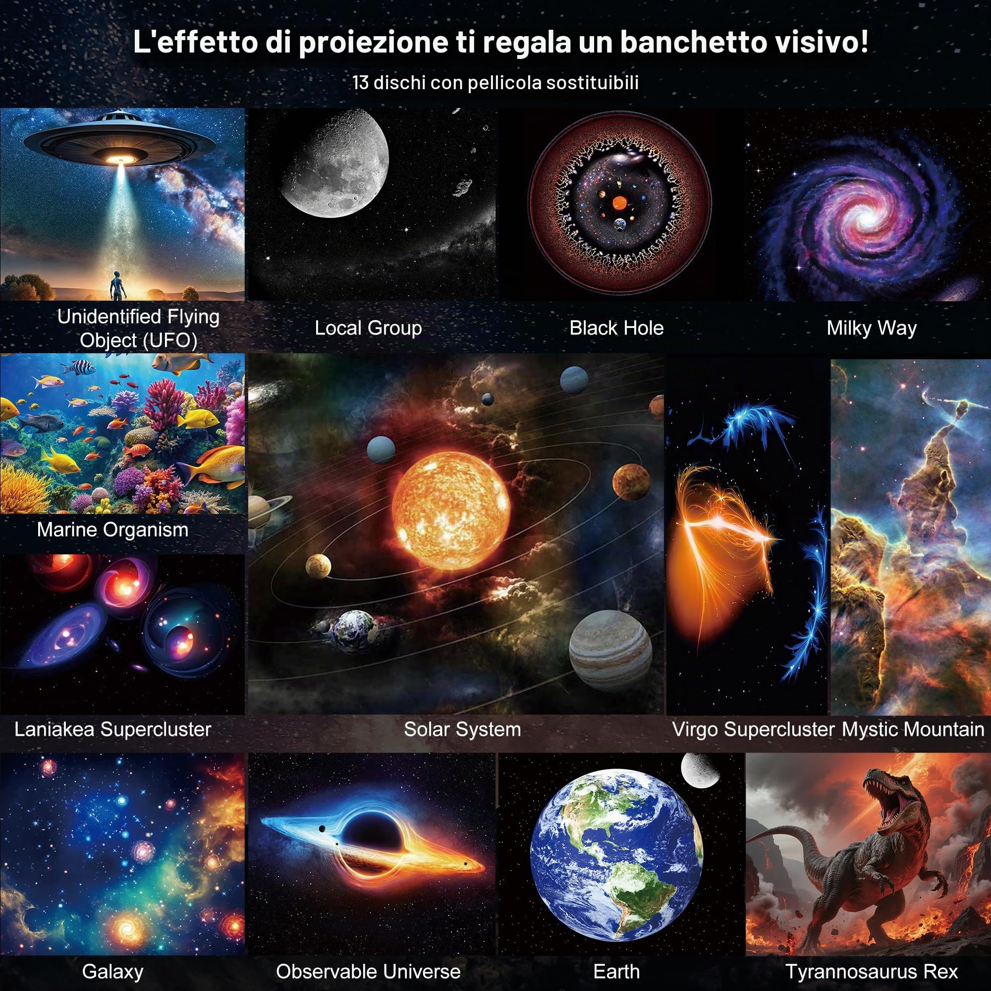 Proiettore Stelle Soffitto, Planetario Proiettore con 12 Dischi, Sistema Solare, 15 Musica, Altoparlante Bluetooth, Telecomando, Timer, Luce Notturna per Bambini, Adulti (Galassia)