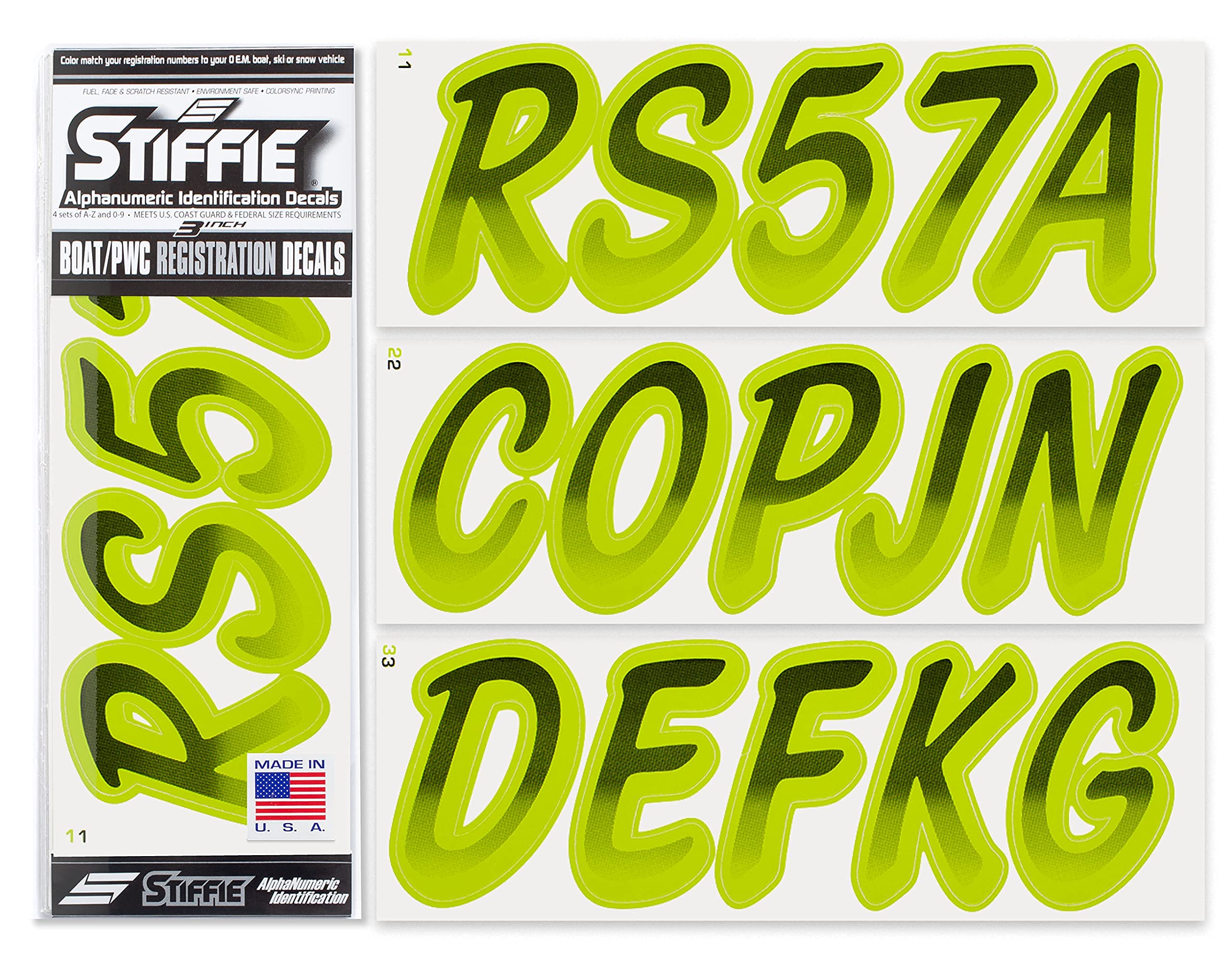 STIFFIE Whipline Black/Electric Lime 3" Boat &amp; PWC Registration Decals • Numbers Letters Stickers