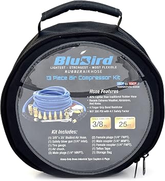 BLUBIRD BB3825KIT 3/8" x 25 Air Compressor Accessory Kit, 100% Rubber, Lightest, Strongest, Most Flexible, 300 PSI, 50F to 190F Degrees, Ozone Resistant, High Strength Polyester Braided, 13pc