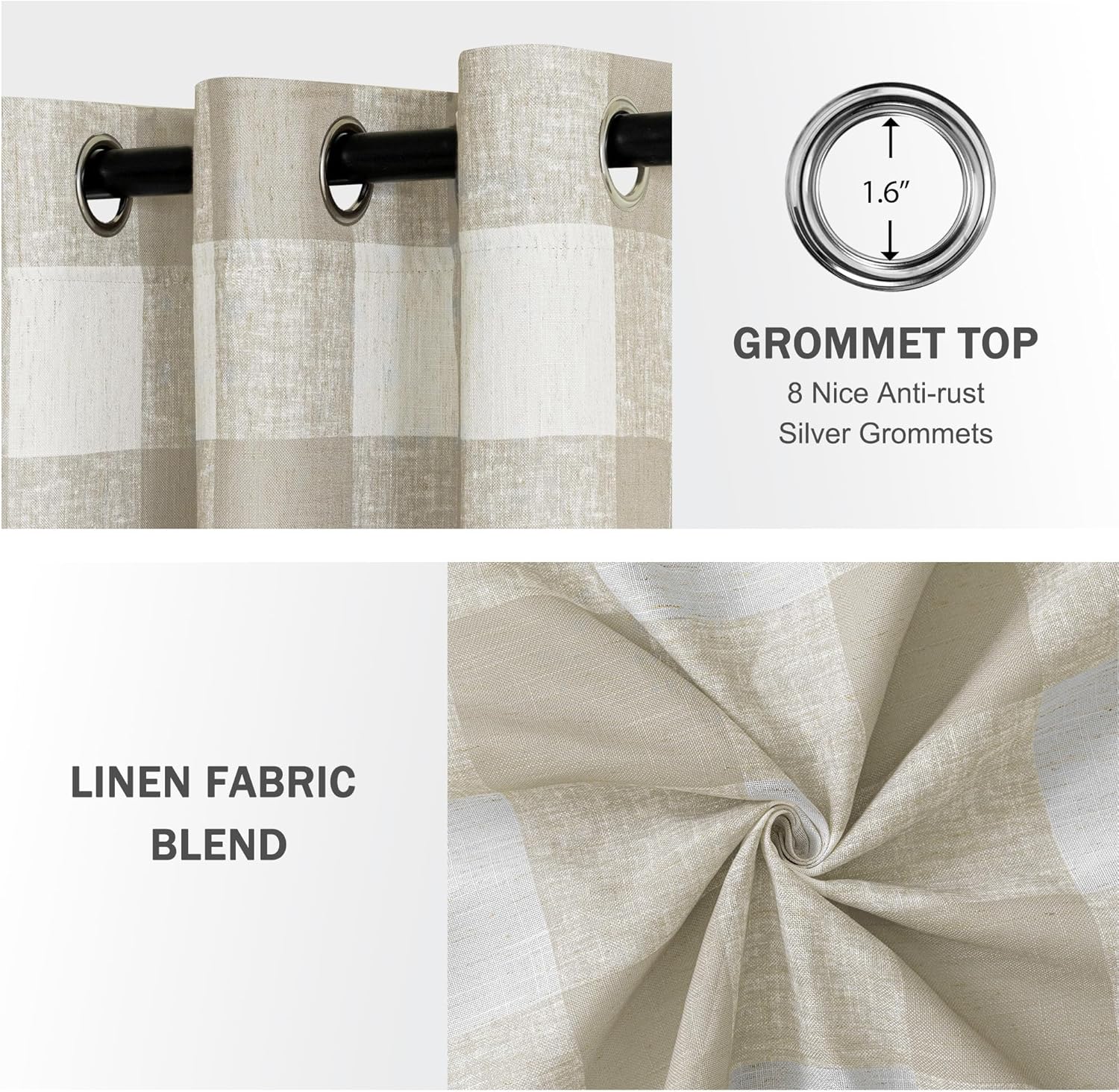 MYSKY HOME 100% Blackout Tan Plaid Linen Curtains 84 inch Length 2 Panels Buffalo Gingham Rustic Farmhouse Double Layer Thermal Insulated Grommet Window Treatments for Living Room, W52 Each Panel