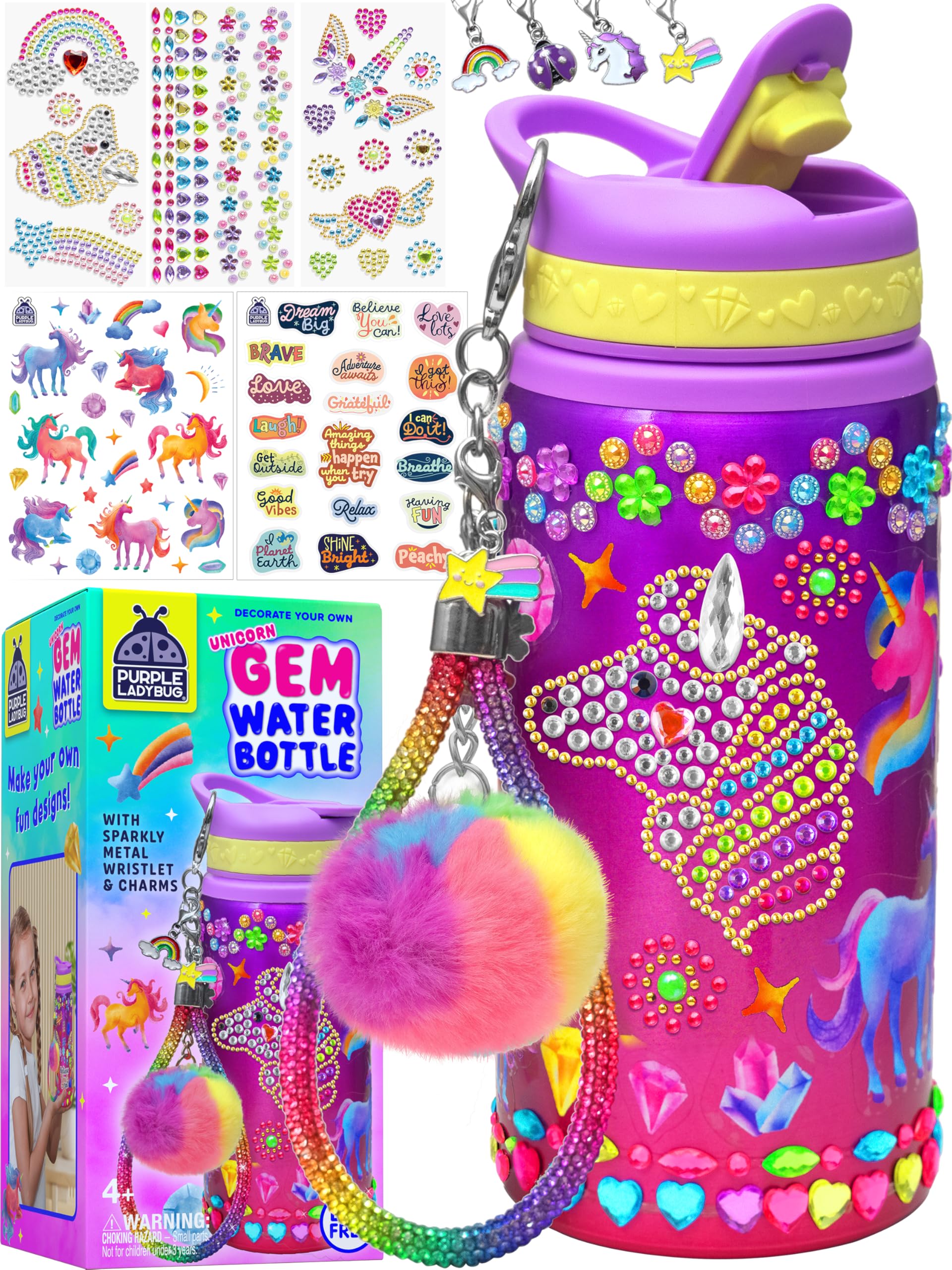 Decorate & Personalize Your Own Water Bottles for Girls with Tons of Rhinestone Glitter Gem Stickers! BPA Free Kids Water Bottle! Cute Gift for Girl, Fun DIY Art and Craft for Children