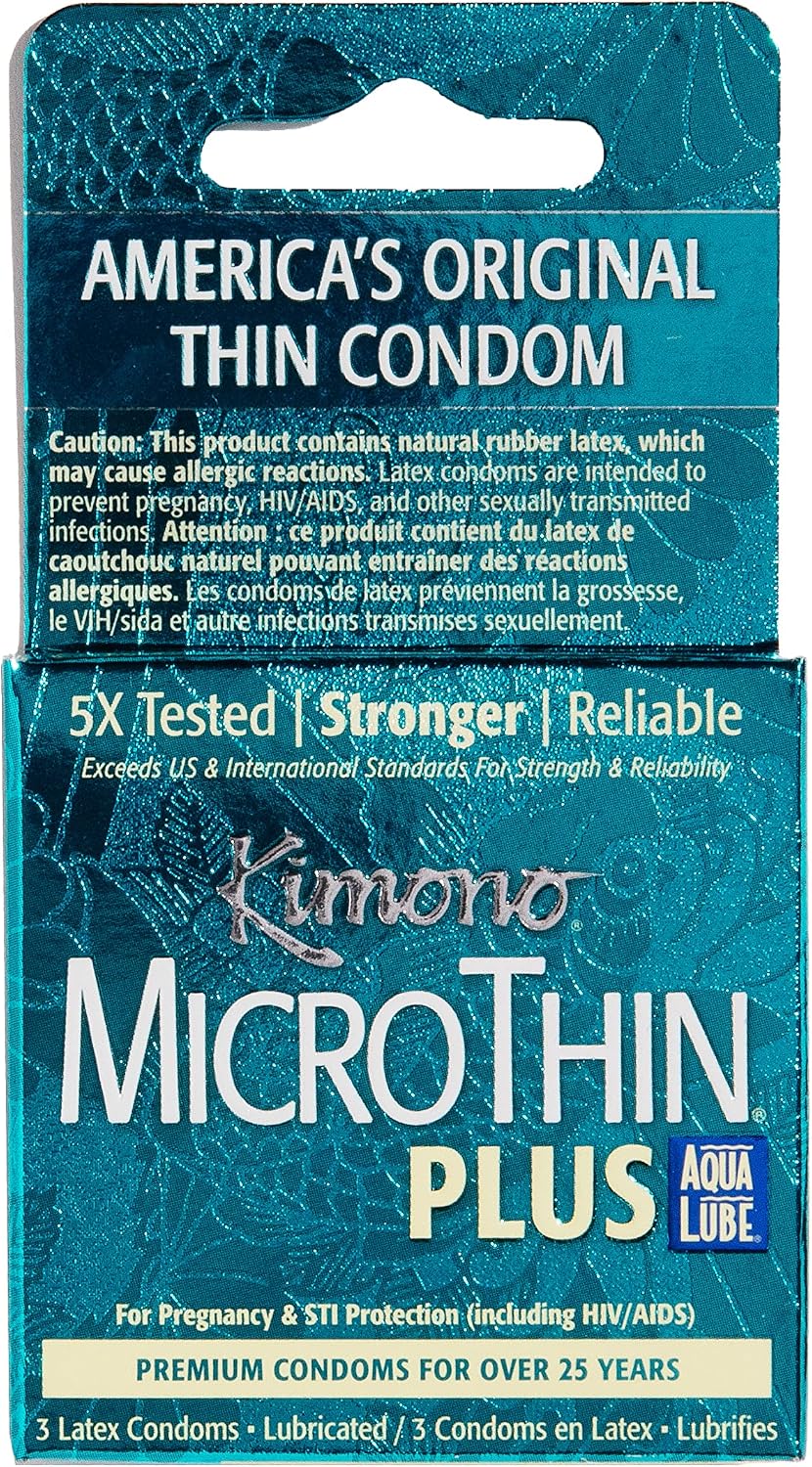 Kimono MicroThin Plus Aqua Lube Condoms I Lubricated with Water Based Lube I Our Thinnest Condoms Ever I 5X Tested, Stronger, Reliable I Made with Odorless Premium Natural Latex I 3 Count