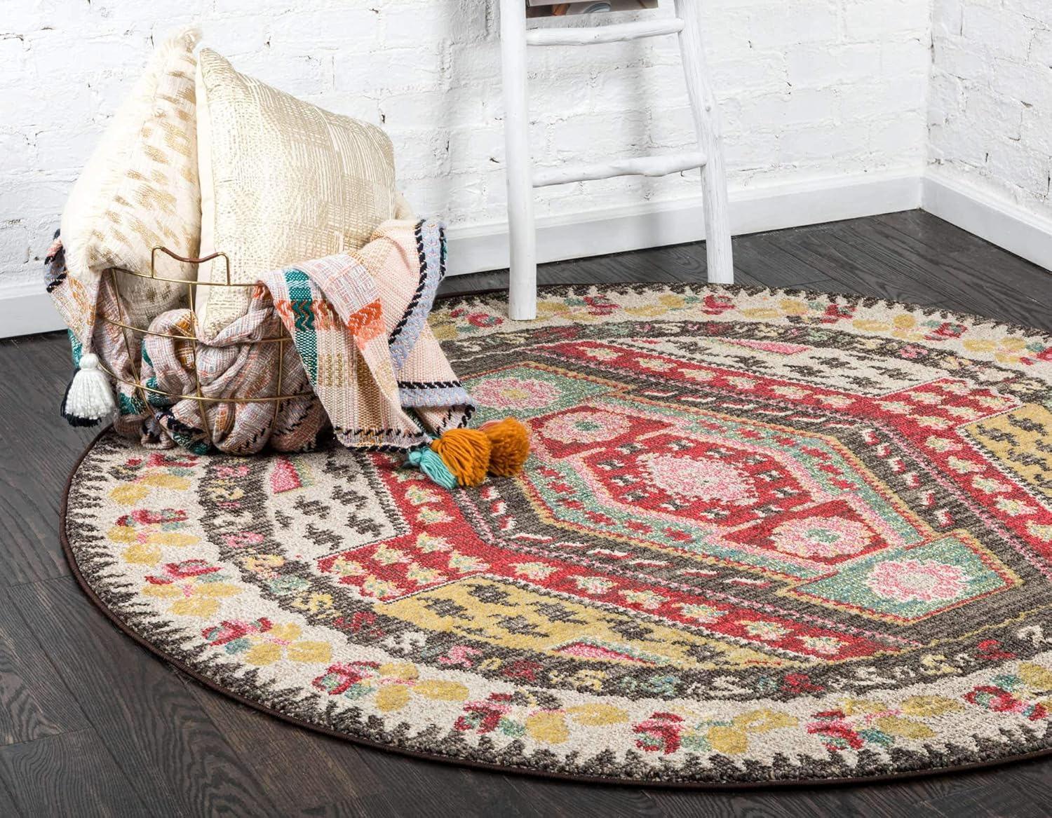 Unique Loom Sedona Collection Southwestern, Geometric, Border, Over-Dyed, Modern, Tribal, Abstract Area Rug (3' 3 x 3' 3 Round, Multi/Beige)